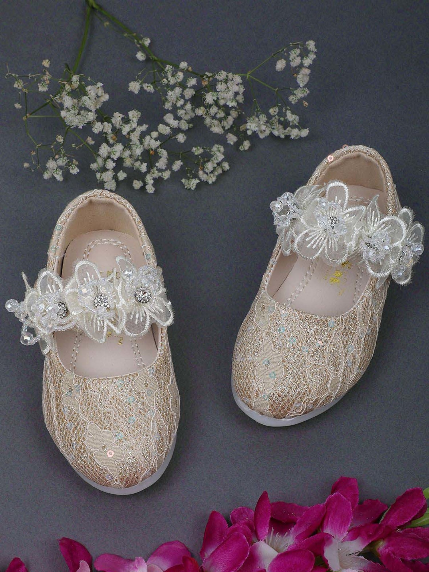 Baby Moo Kids Gold Bash Sequin And Floral Mary Jane Shoes