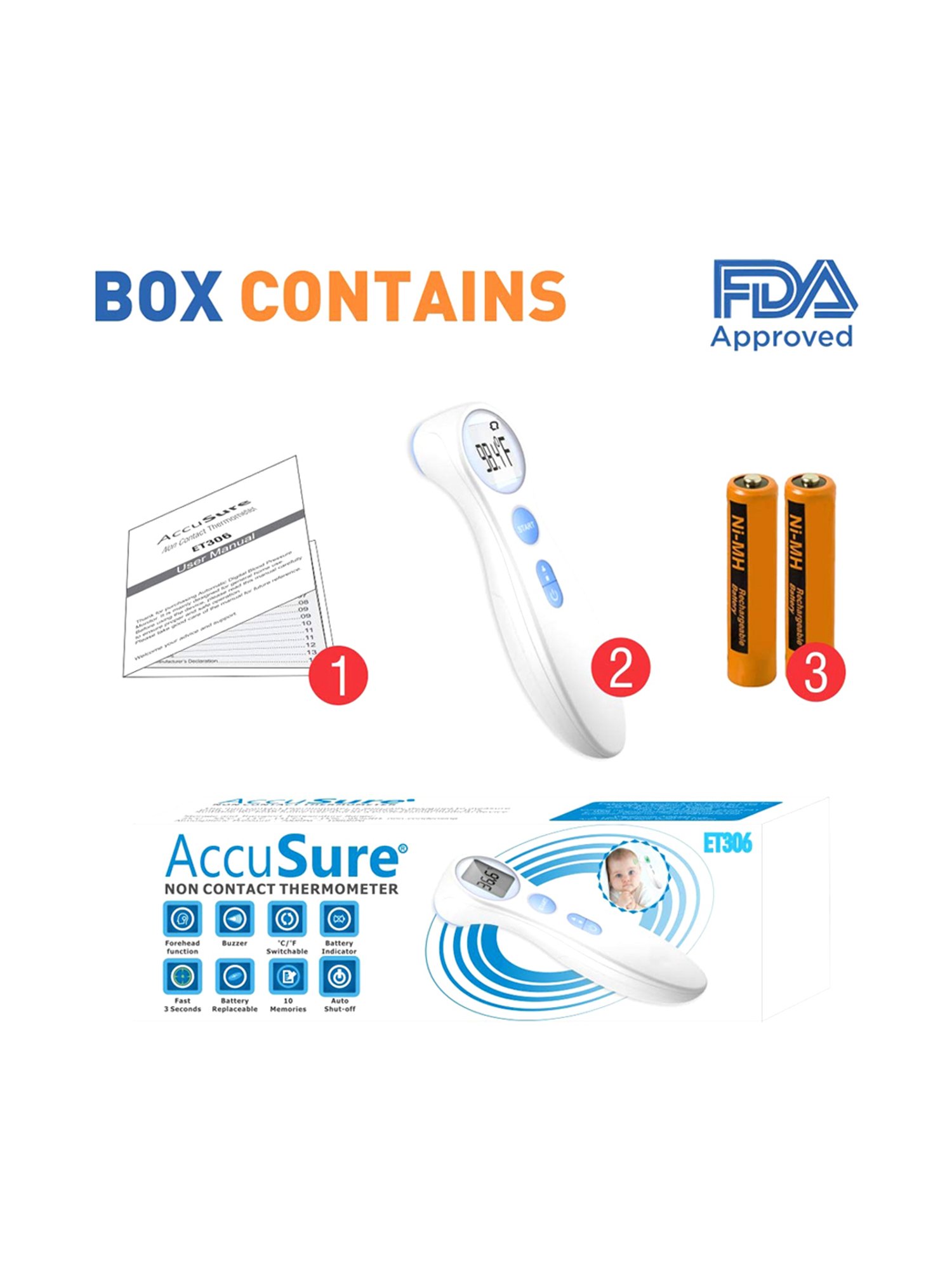 AccuSure ET-306 Non Contact Digital Thermometer Fever Temperature Machine for  Adults and Kids