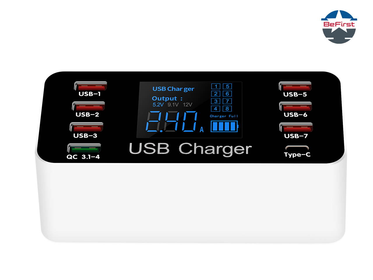 Multi USB 8-Port Smart Fast Desktop Hub Wall Charger Charging Station Quick Charge 3.0 USB Type C Port With LED Display Compatible with Apple Samsung Android Smart Phone, Tablet, Nintendo Switch Games