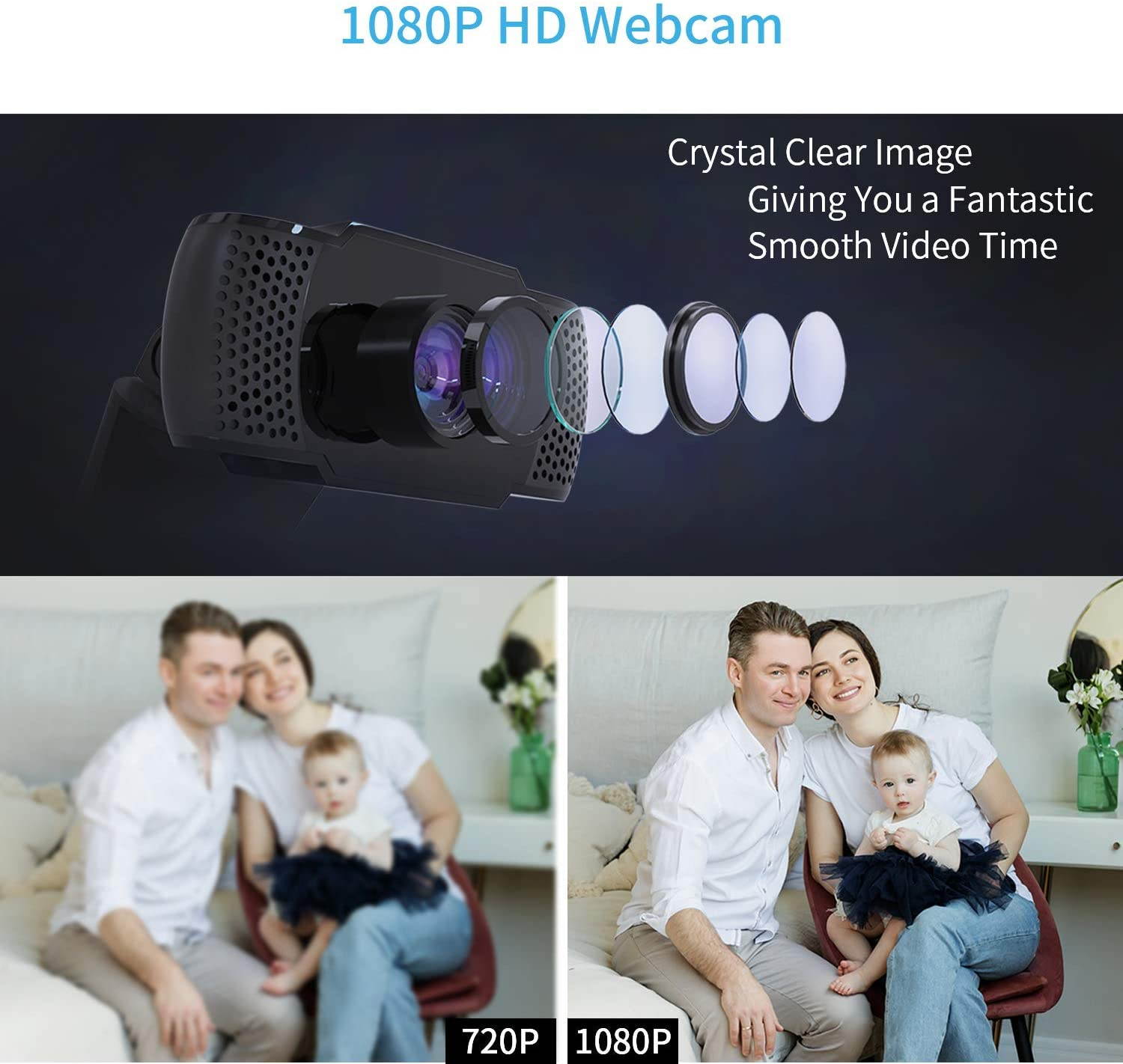 1080P Webcam with Microphone, USB 2.0 Desktop Laptop Computer Web Camera with Auto Light Correction, Plug and Play, for Video Streaming, Conference, Game,Study