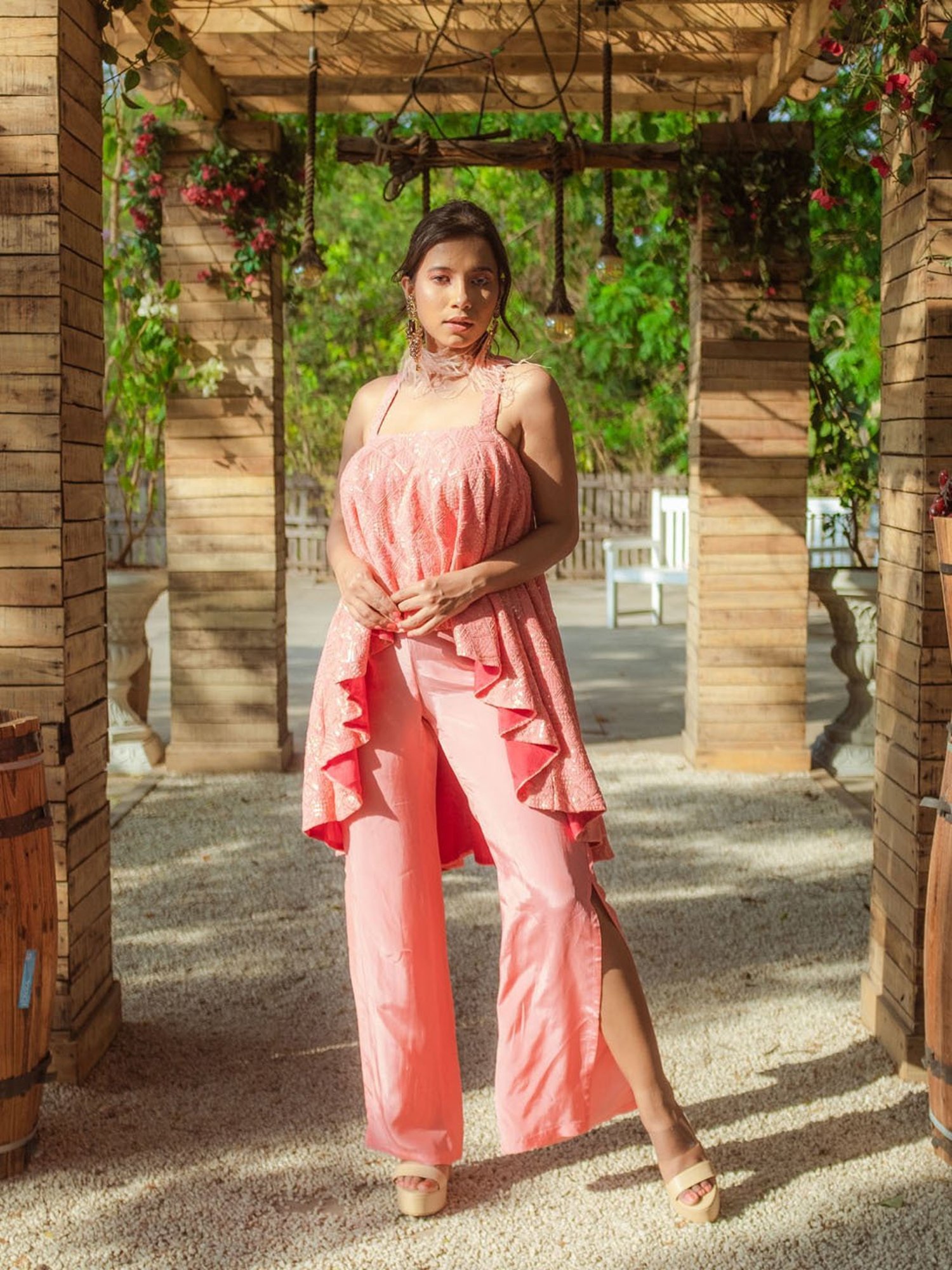 Monk and Mei Asin Chikankari High Low Top & Slit Pants