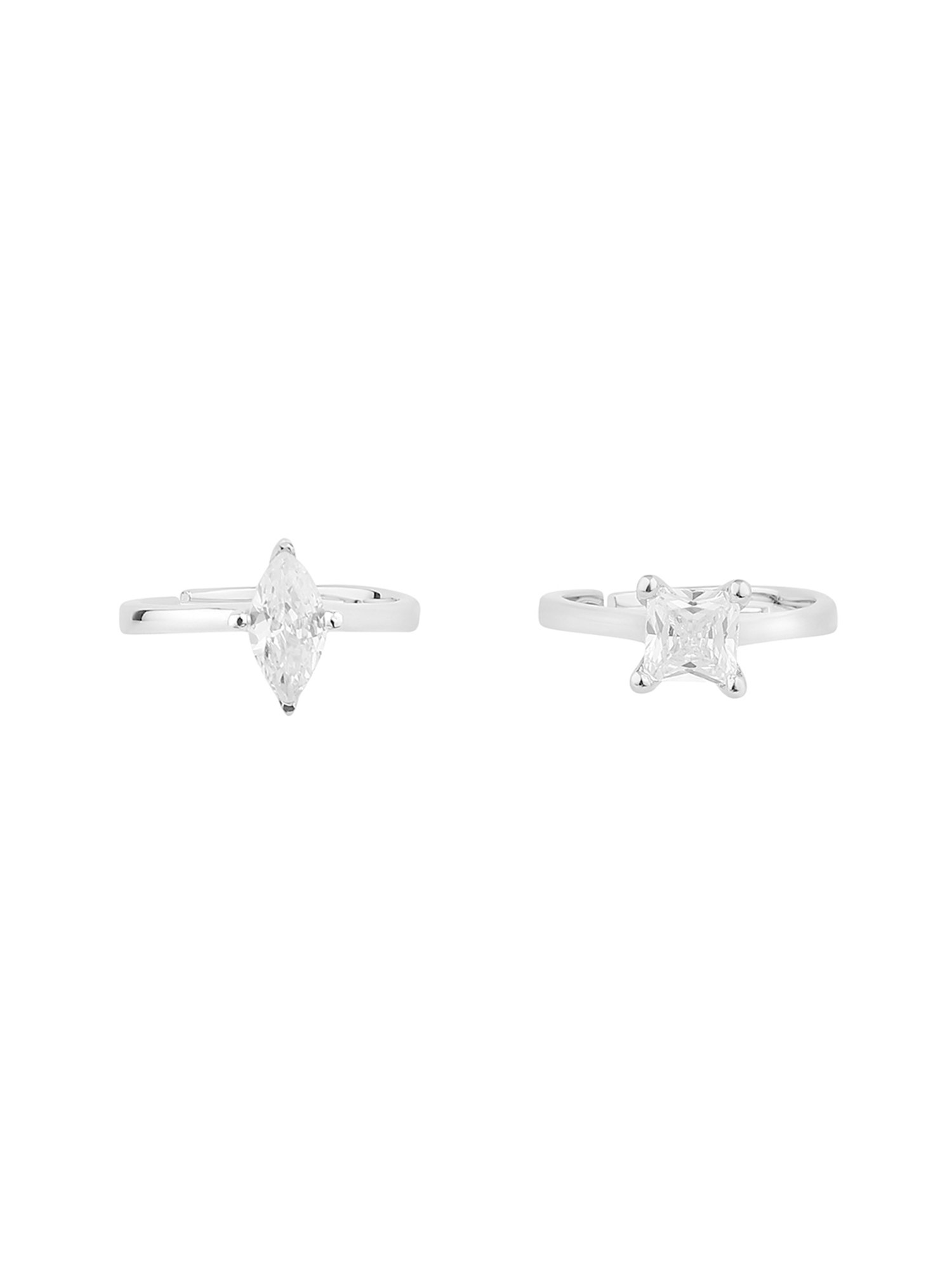Lilly & Sparkle Brass Rhodium Plated and Square Shape CZ Stone Studded Adjustable Rings - Set of 2