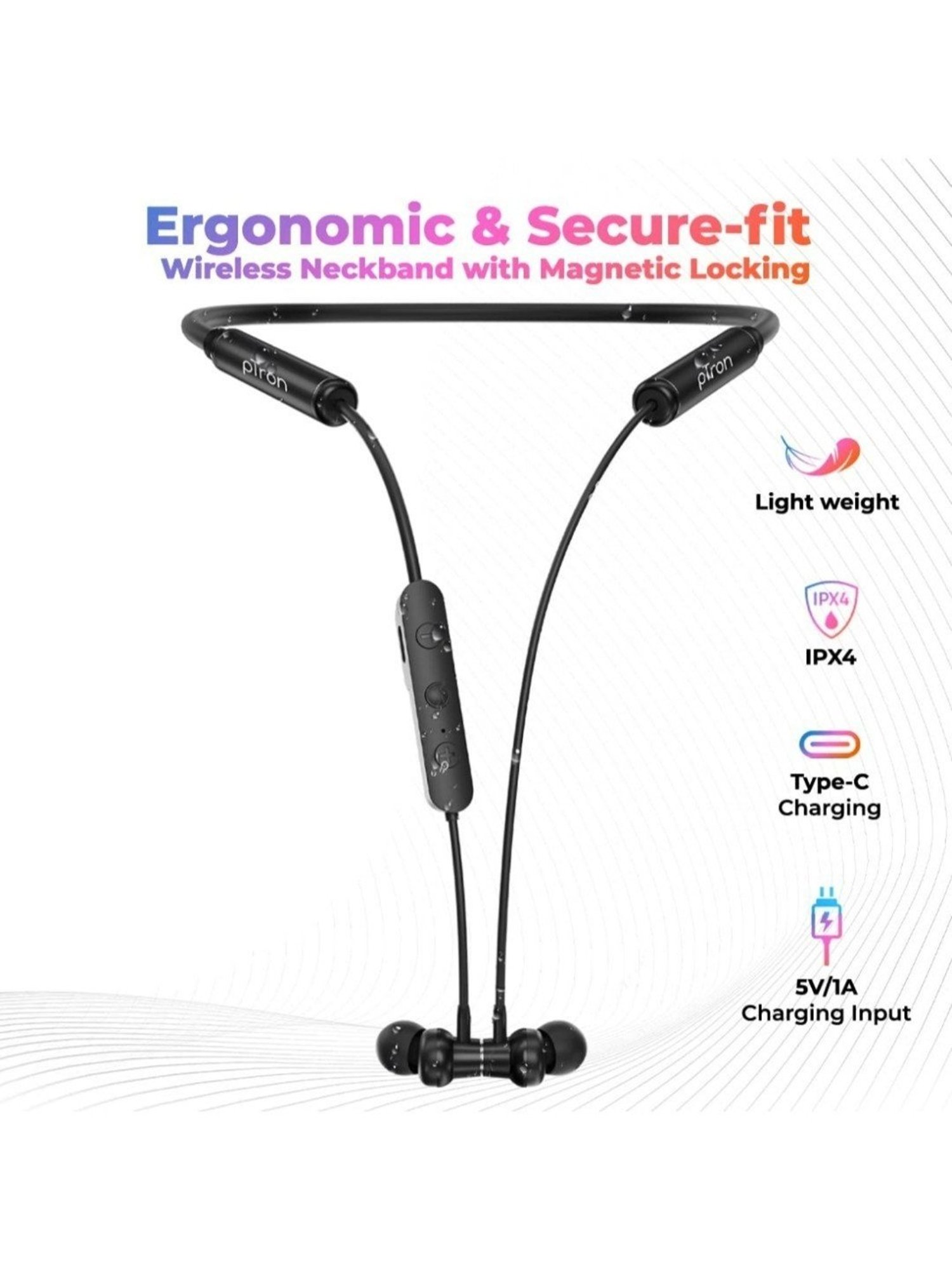 PTron Tangent Urban with 60 Hours Playtime, Wireless Bluetooth 5.3 Neckband, Type-C Charging (Black)