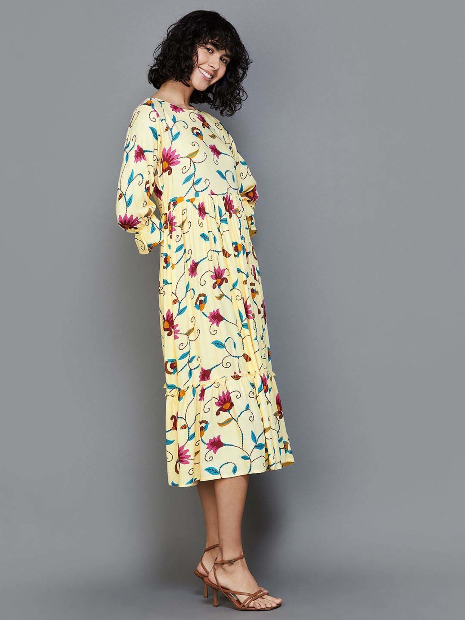 Colour Me by Melange Yellow Printed A-Line Dress