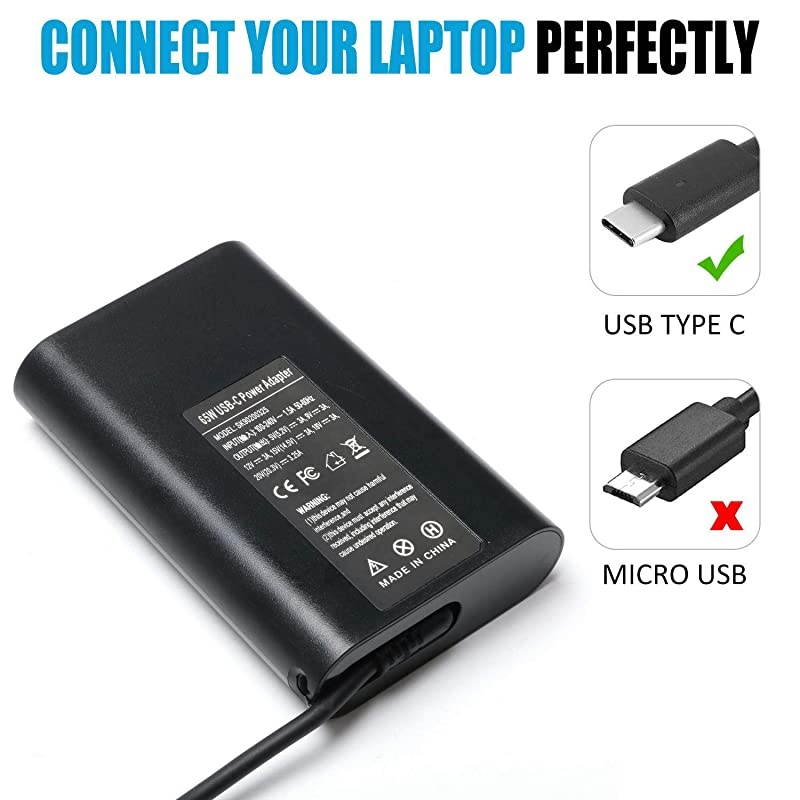 Type C (USB-C) Adapter Charger Fit for Dell Latitude 12 5285 5289 5290 7212 7275 7285 7290, XPS 13 9350 9360 9365 9370 LA65NM170 2YKOF Include Power Cord