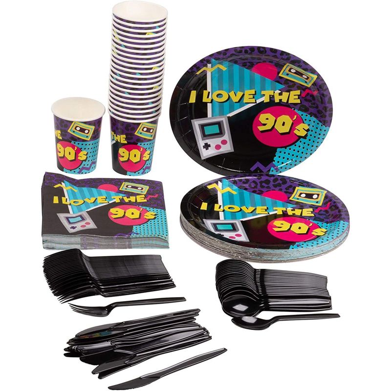 Blue Panda 144 Pieces 90's Party Decorations, Paper Plates, Napkins, Cups and Plastic Cutlery (Serves 24)