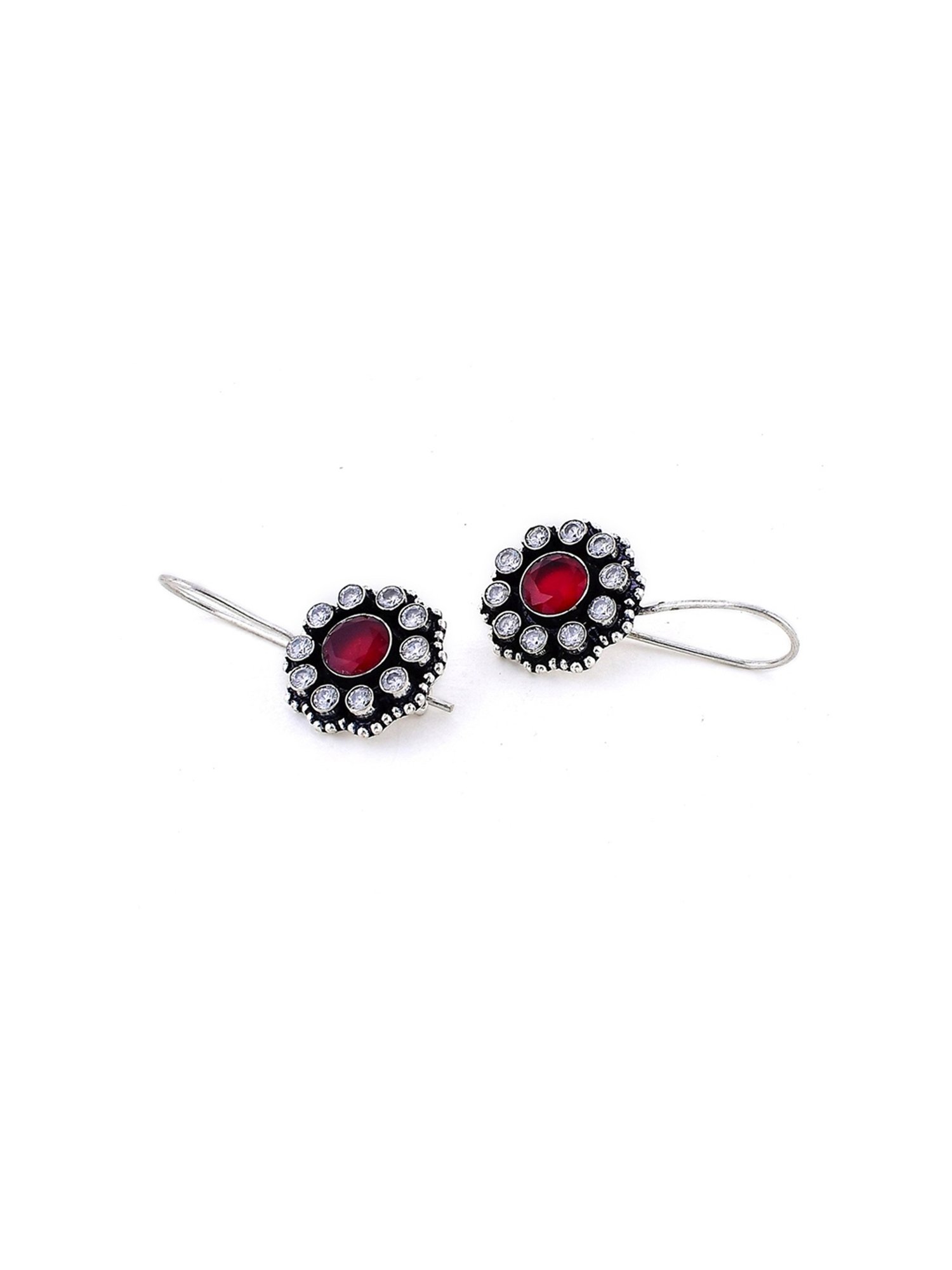 Imli Street Red Silver Tone Stone-Studded Handcrafted Drop Earrings