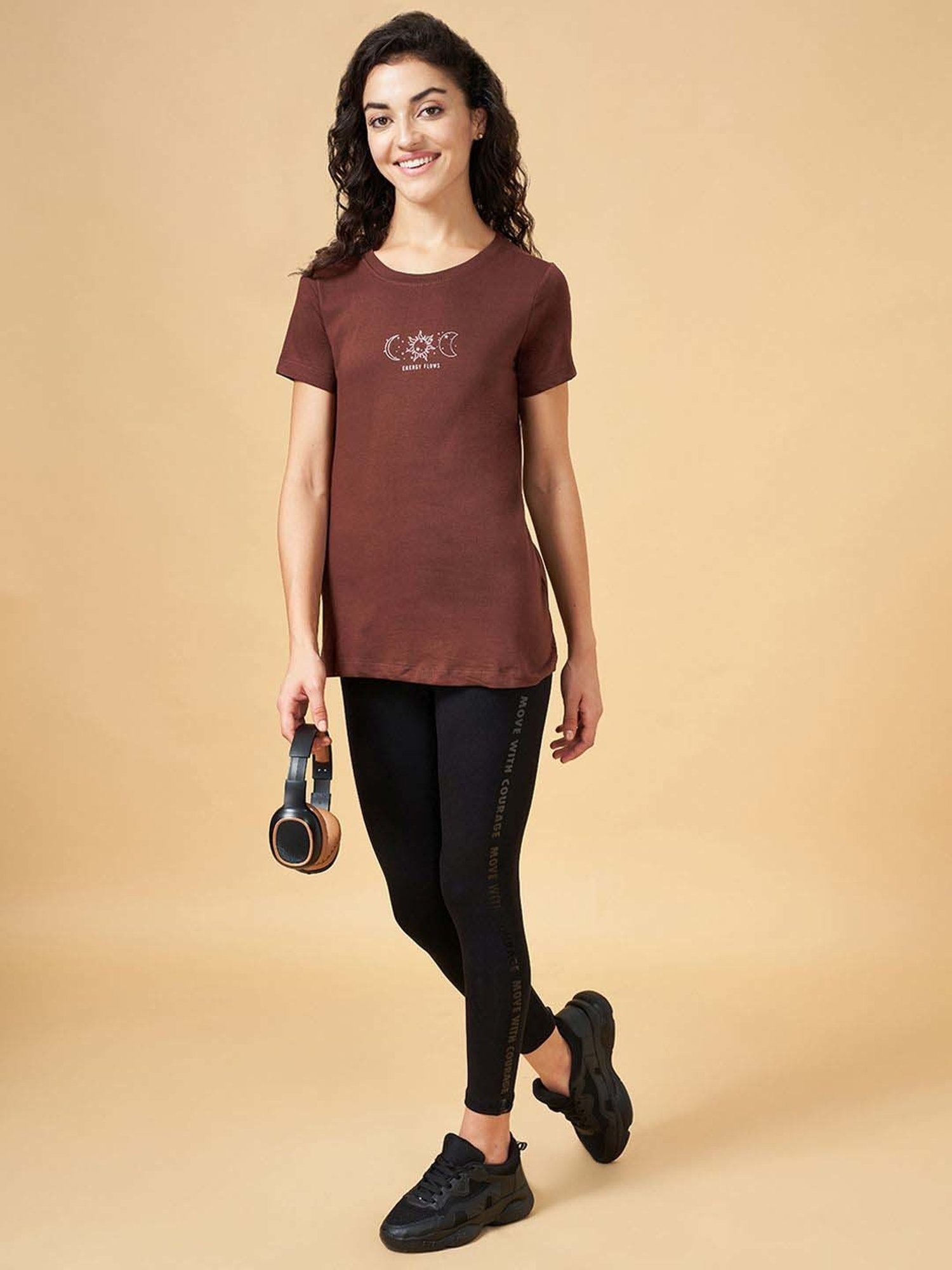 Ajile by Pantaloons Brown Cotton Graphic Print Sports T-Shirt