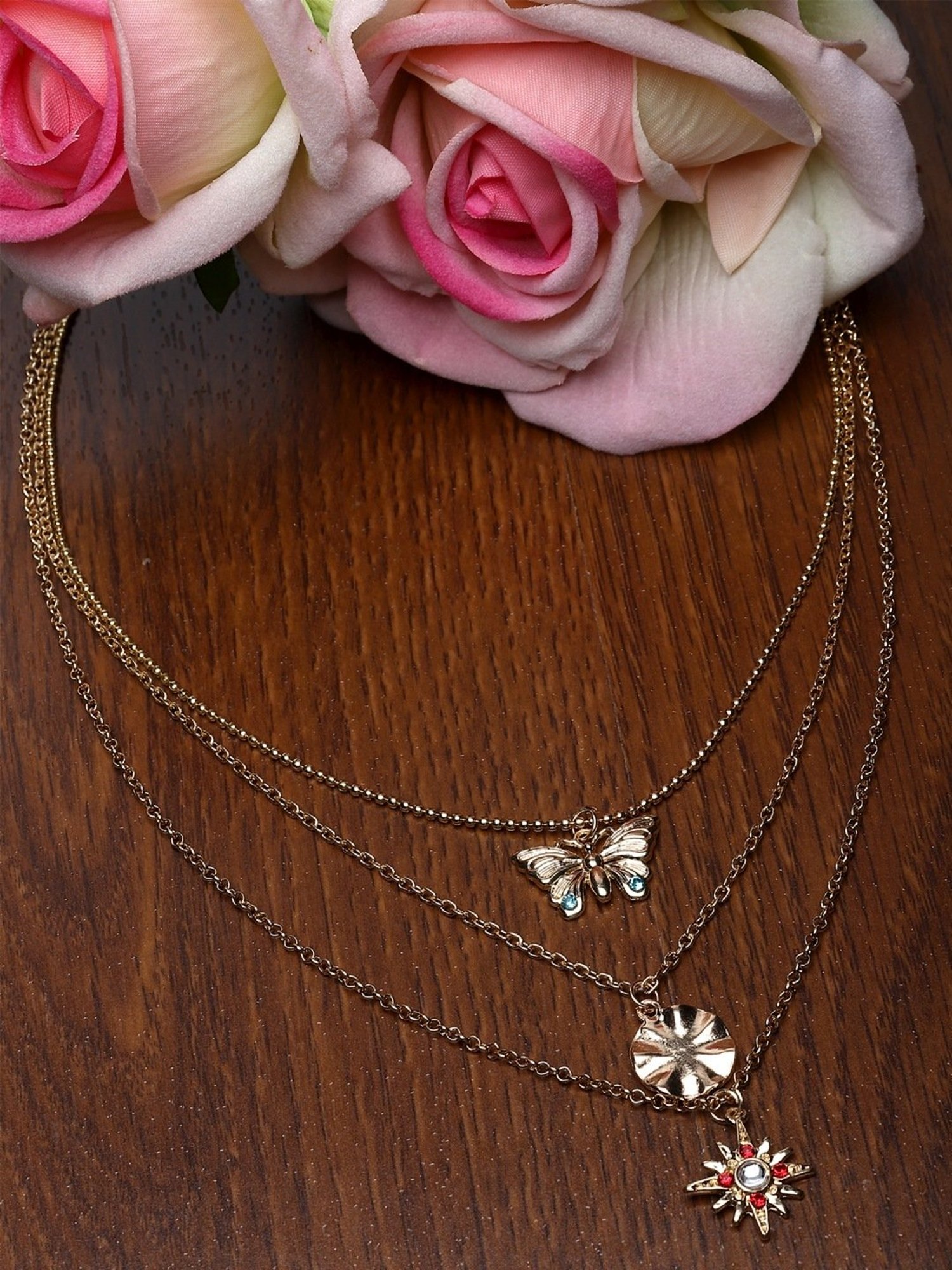 Karatcart Golden Sea Shell and Textured Disk Multicharm Multilayered Chain Women