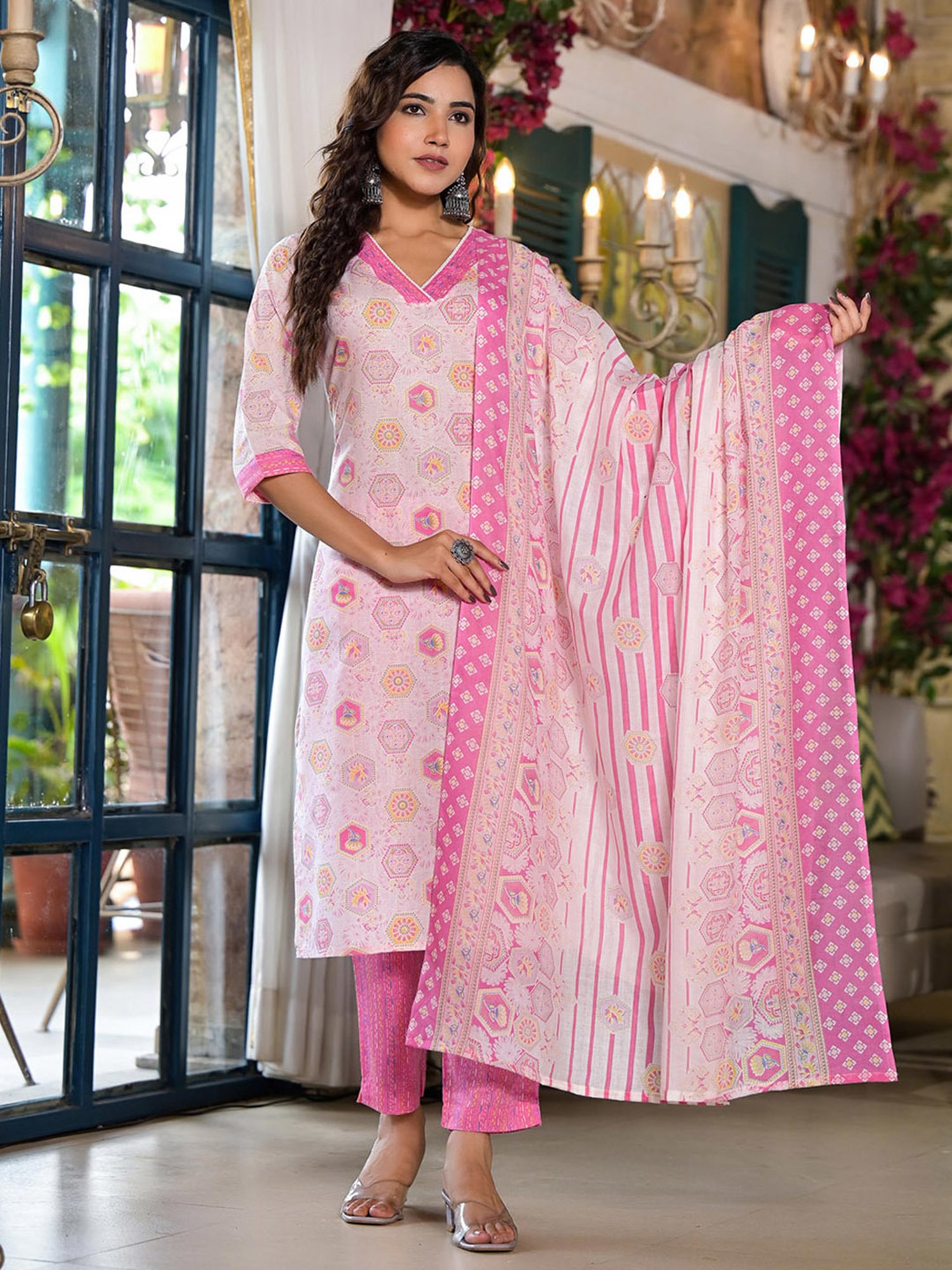 Juniper Pink Floral Print Kurta With Pant & Dupatta