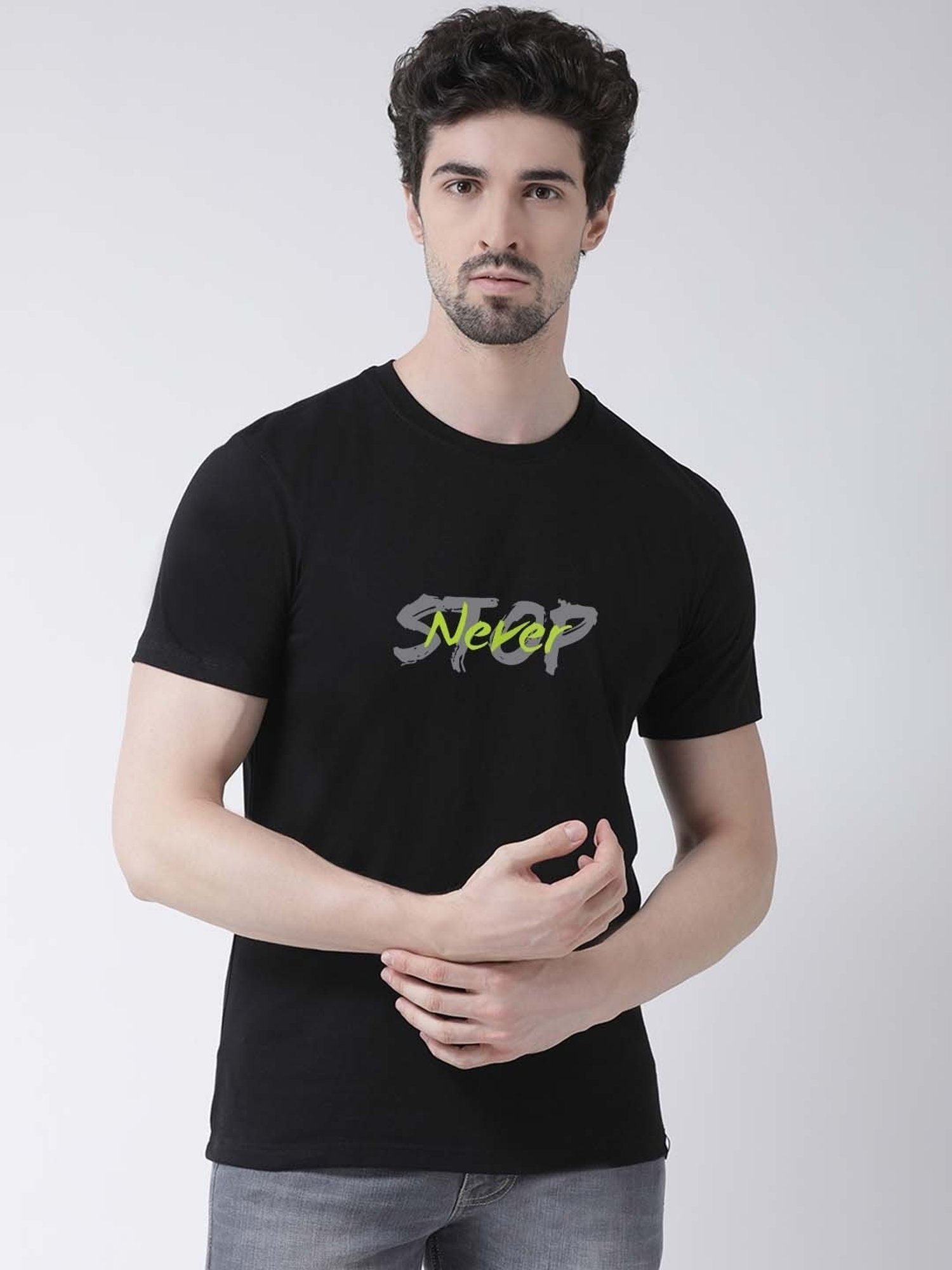 Friskers Black Cotton Slim Fit Printed T-Shirt