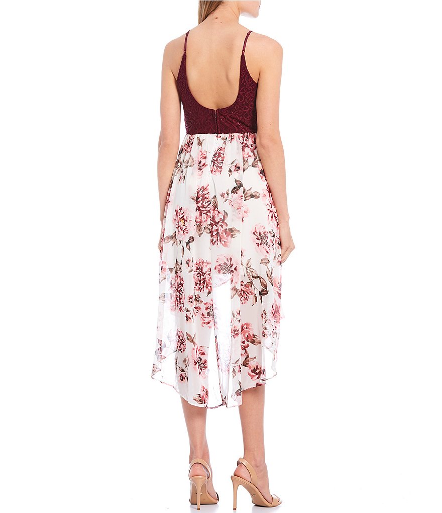 City Vibe Spaghetti Strap Lace Bodice Floral High-Low Dress