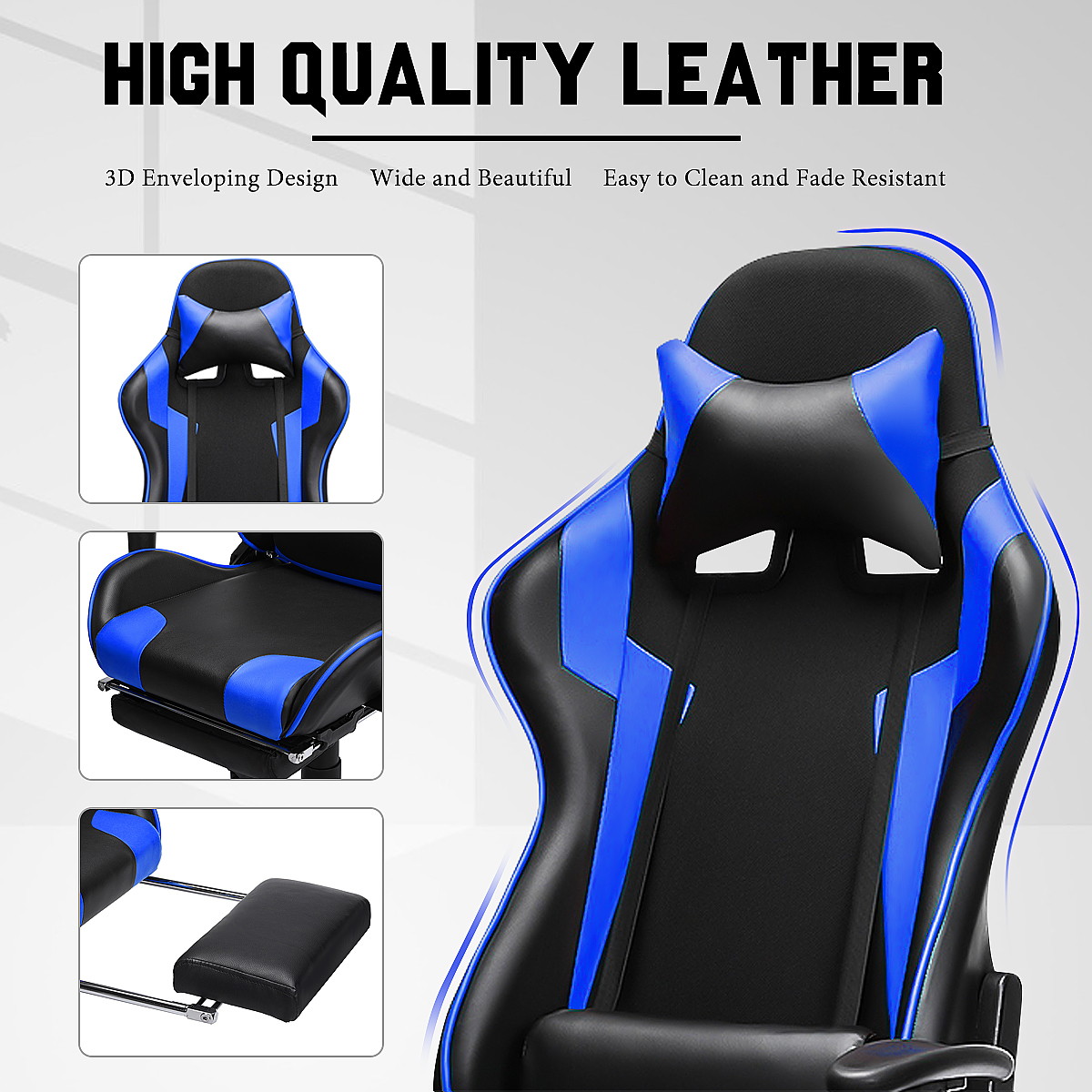Executive Office Gaming Chair Racing Rocker Ergonomic 180&deg; Lying Recliner Footrest High Back with Neck&Waist Cushion