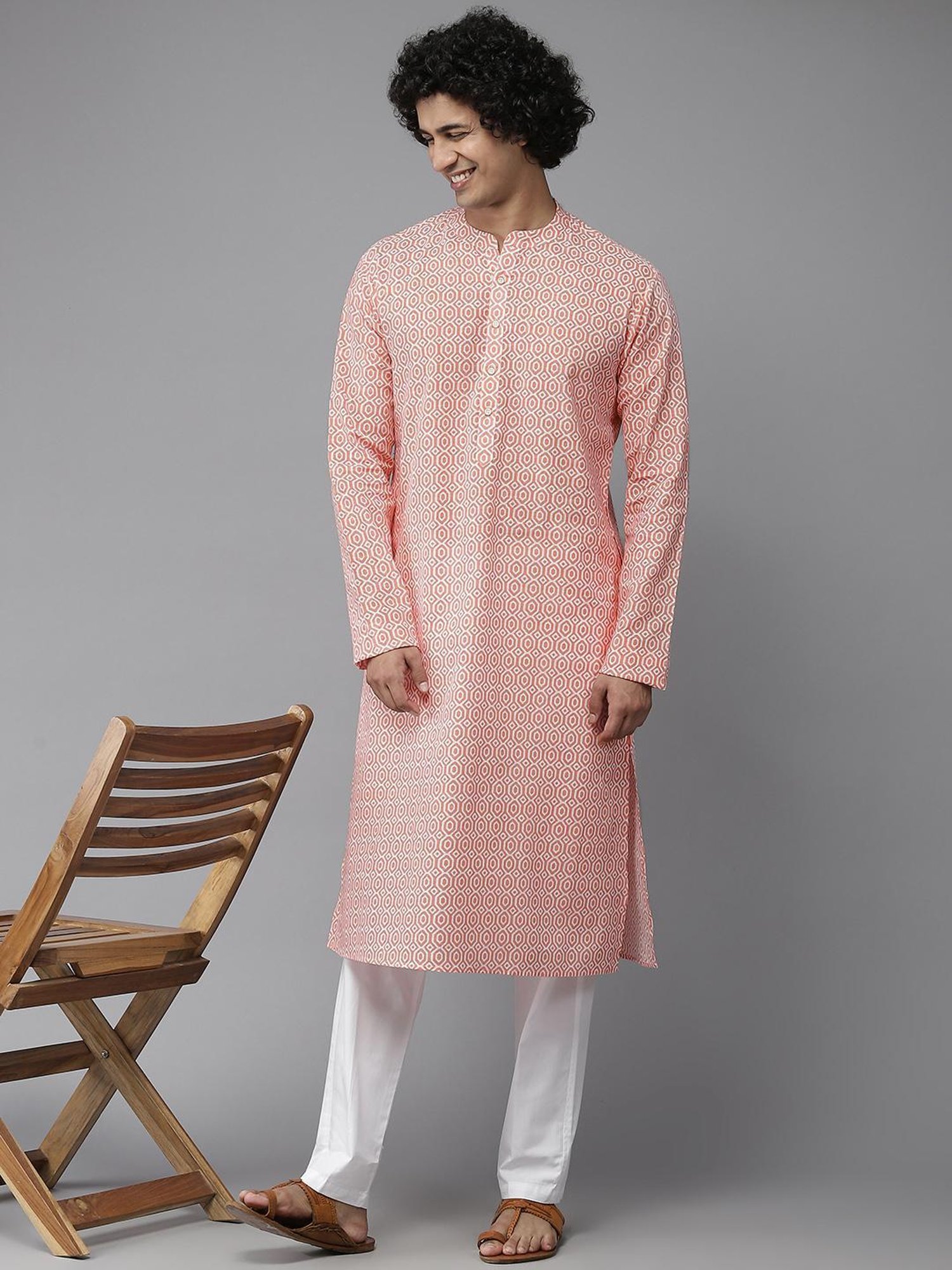See Designs Peach & White Cotton Regular Fit Printed Kurta Bottom Set