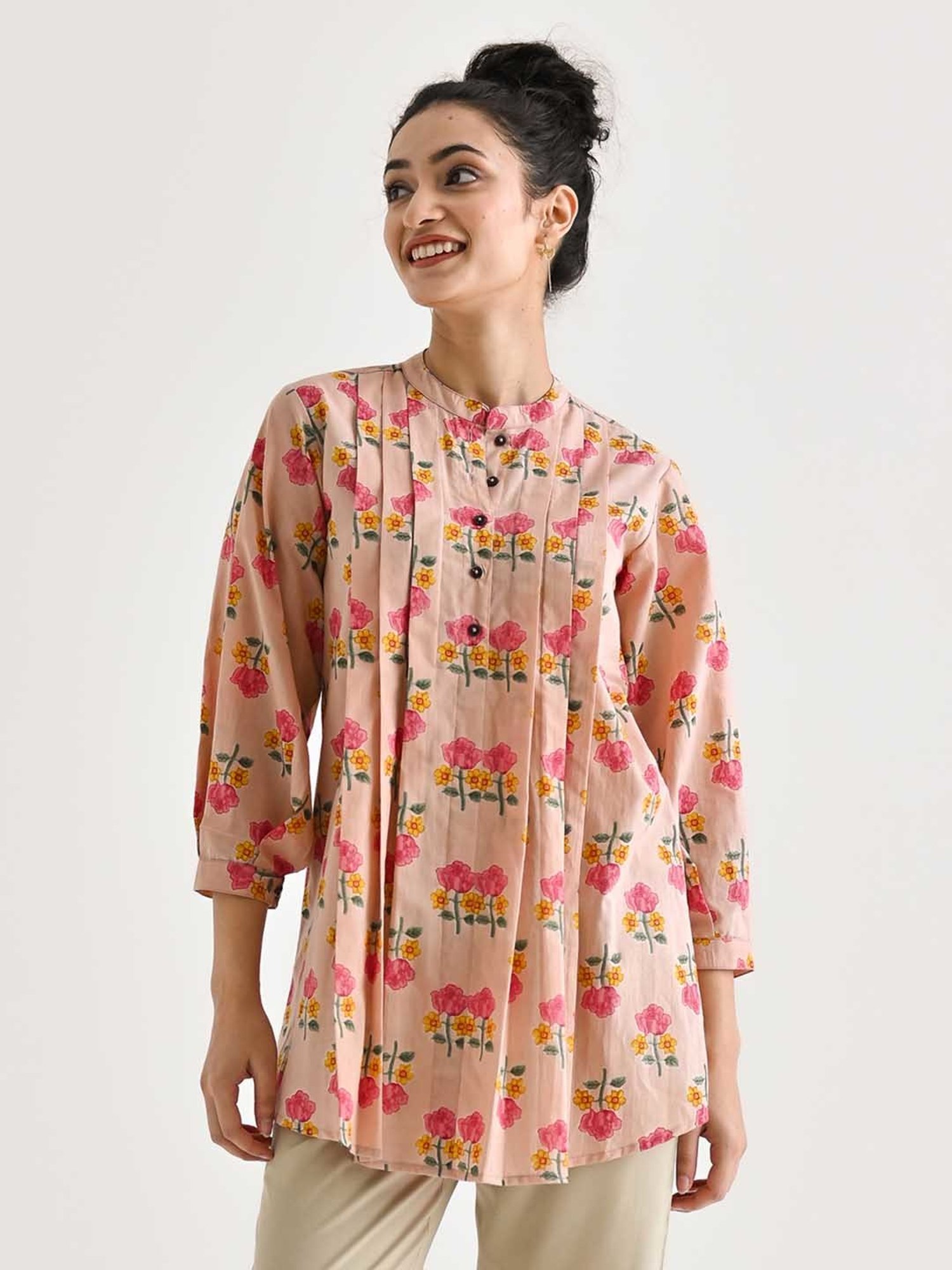 Rustorange Baby Pink Cotton Floral Print A Line Short Kurti
