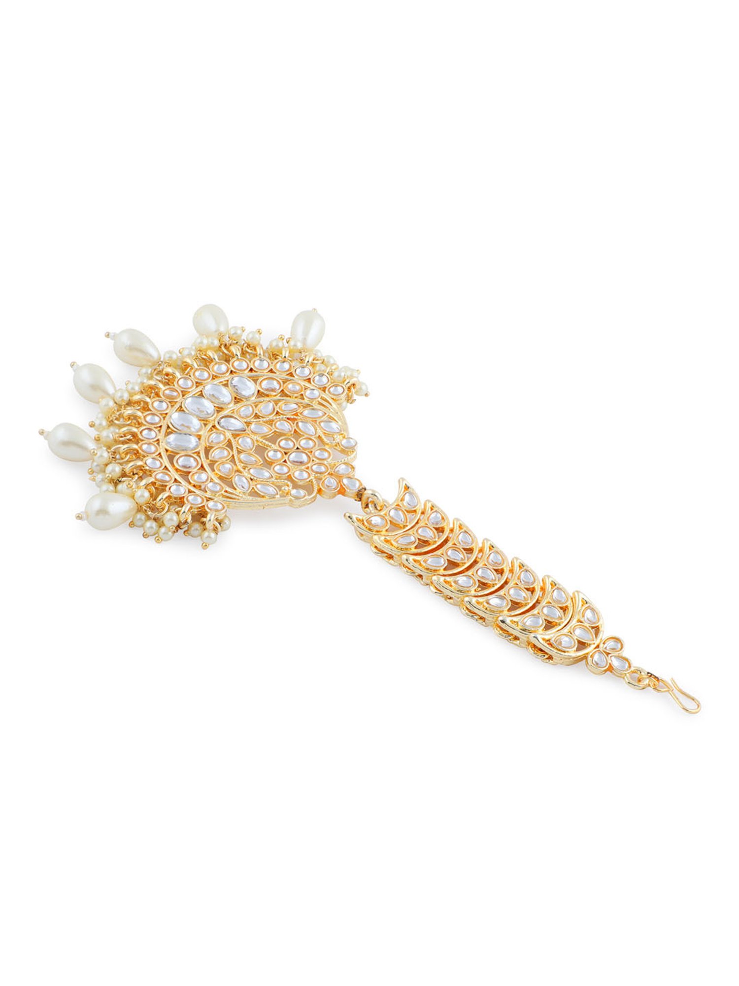 Fida Kundan Pearls Beads Gold-Plated Crescent Maangtikka for Women