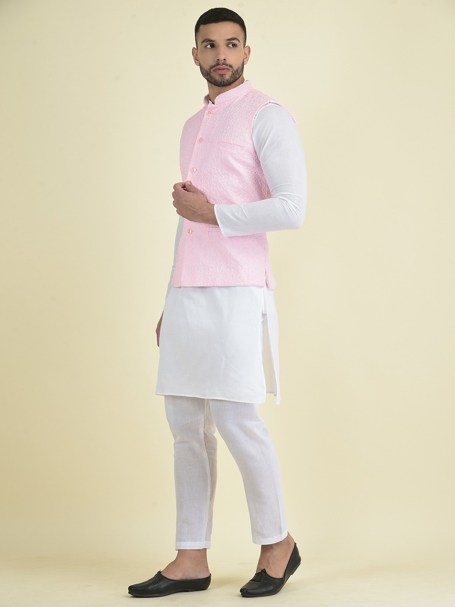 Deyann Pink & White Cotton Regular Fit Embroidered Kurta Set With Jacket