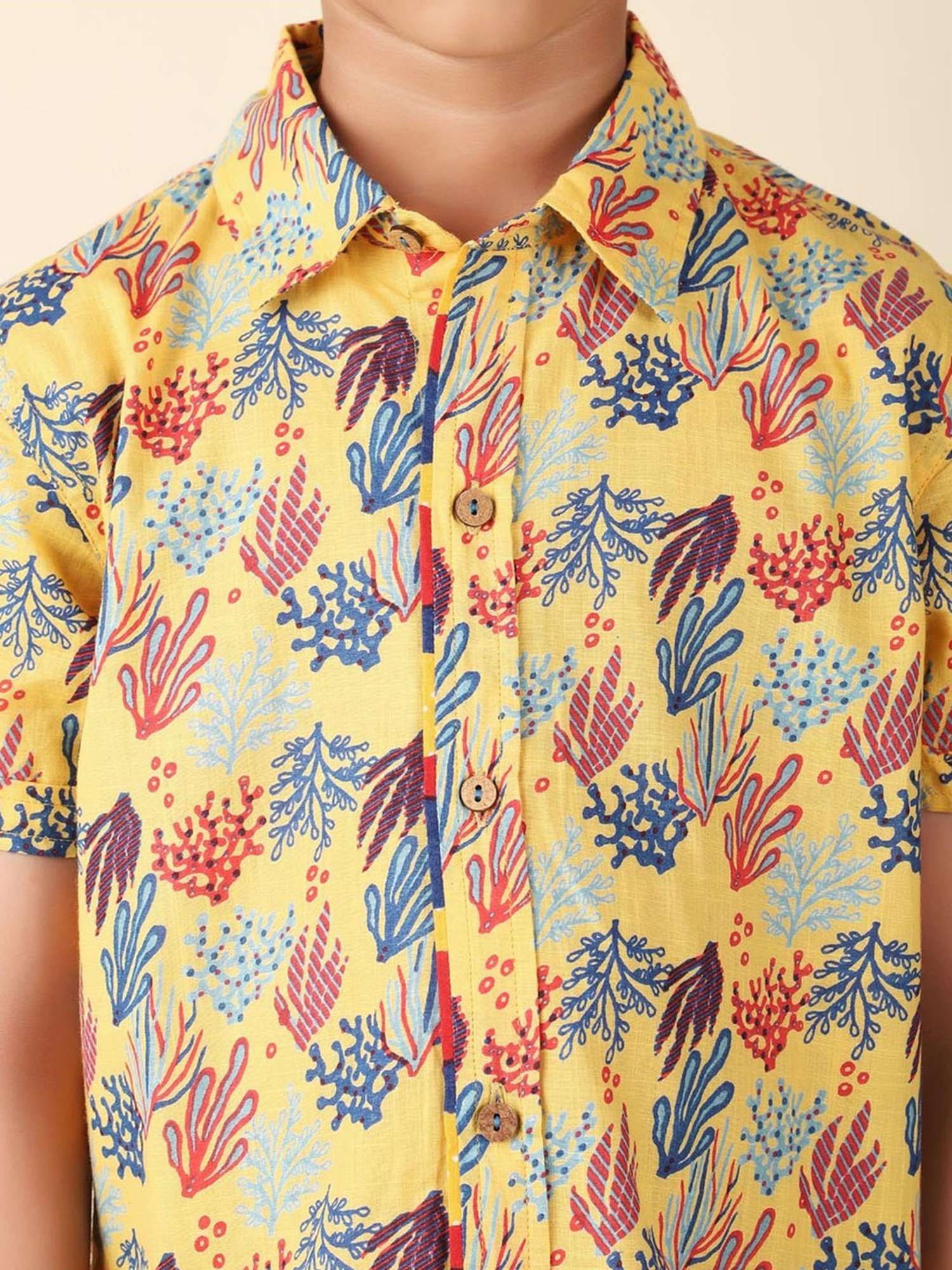 Fabindia Kids Yellow & Blue Cotton Printed Shirt