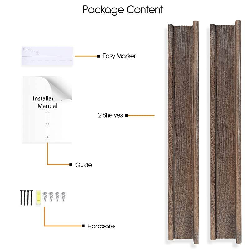 Ted Wall Mount Narrow Picture Ledge Shelf Display | 24 Inch Floating Wooden Shelves Distressed Brown Set of 2