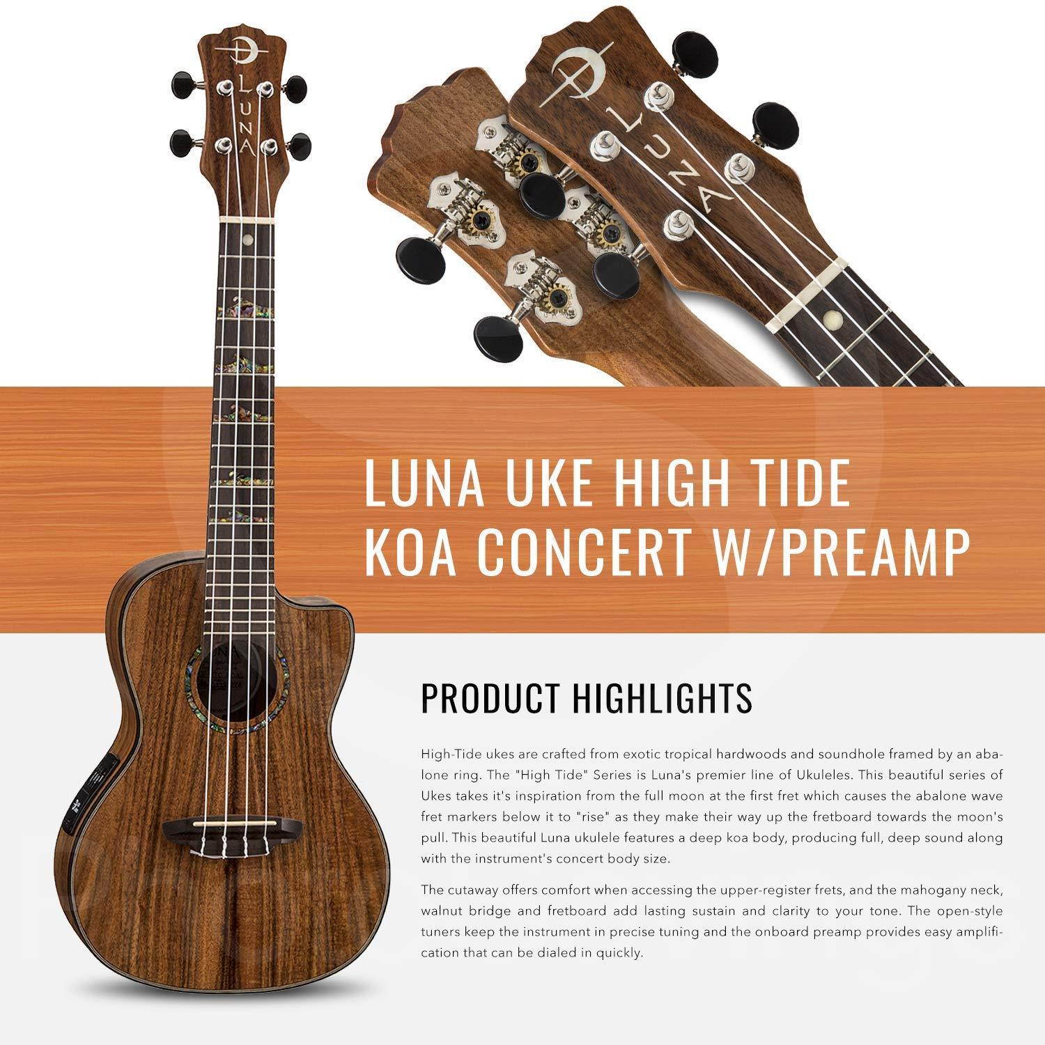 Luna Ukulele Concert Koa High Tide with Preamp and Guitar Stand Deluxe Bundle