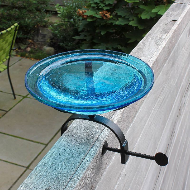 9" Diameter Reflective Crackle Glass Birdbath Bowl with Over Rail Bracket Teal Blue - Achla Designs