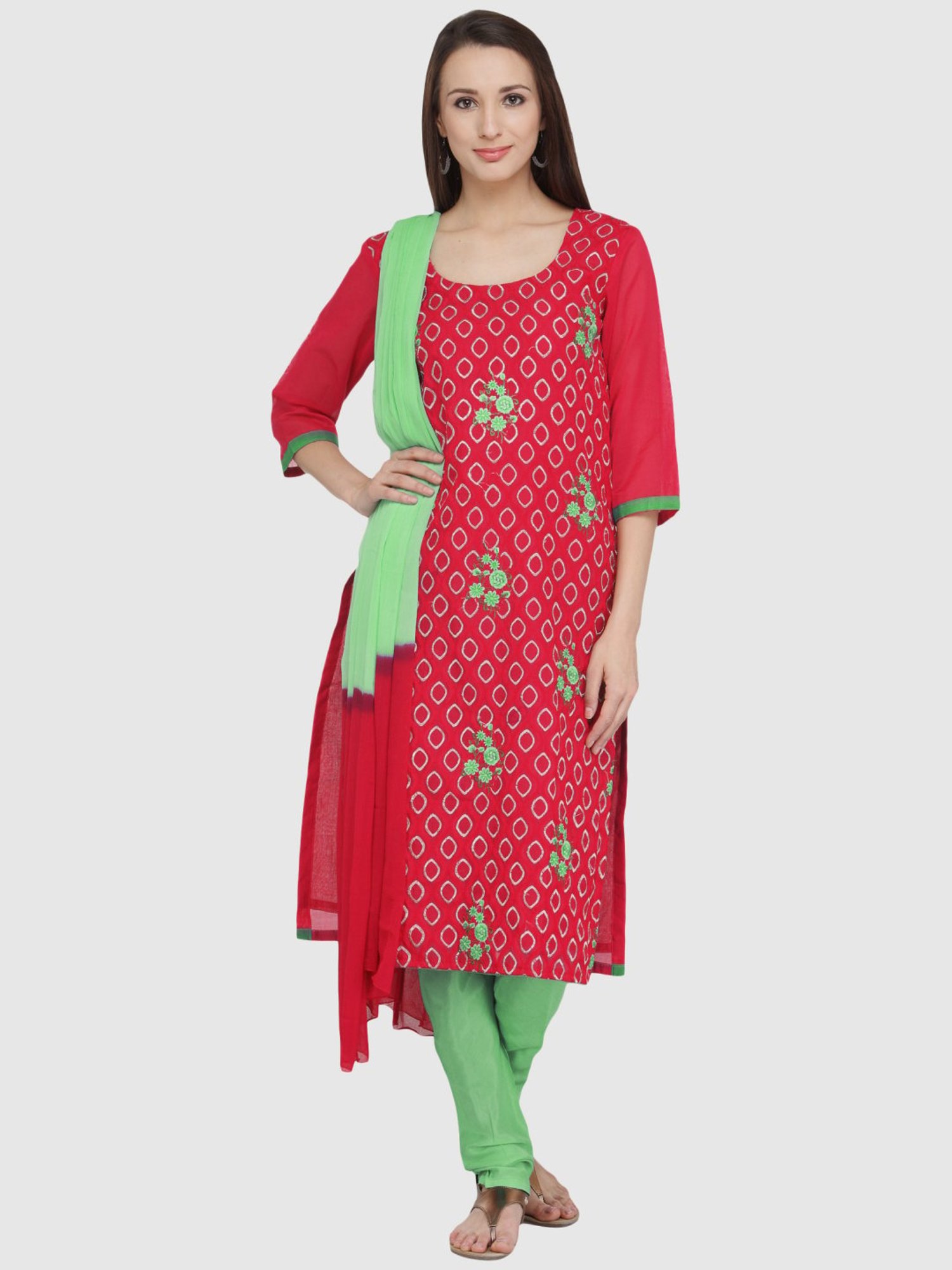 Chhabra 555 Red & Green Embroidered Unstitched Dress Material