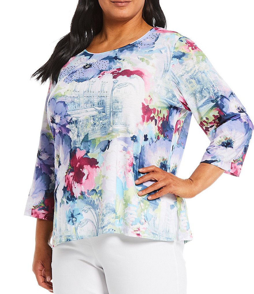 Allison Daley Plus Size French Bistro Print Rhinestone Embellished Detail 3/4 Sleeve Crew Neck Top