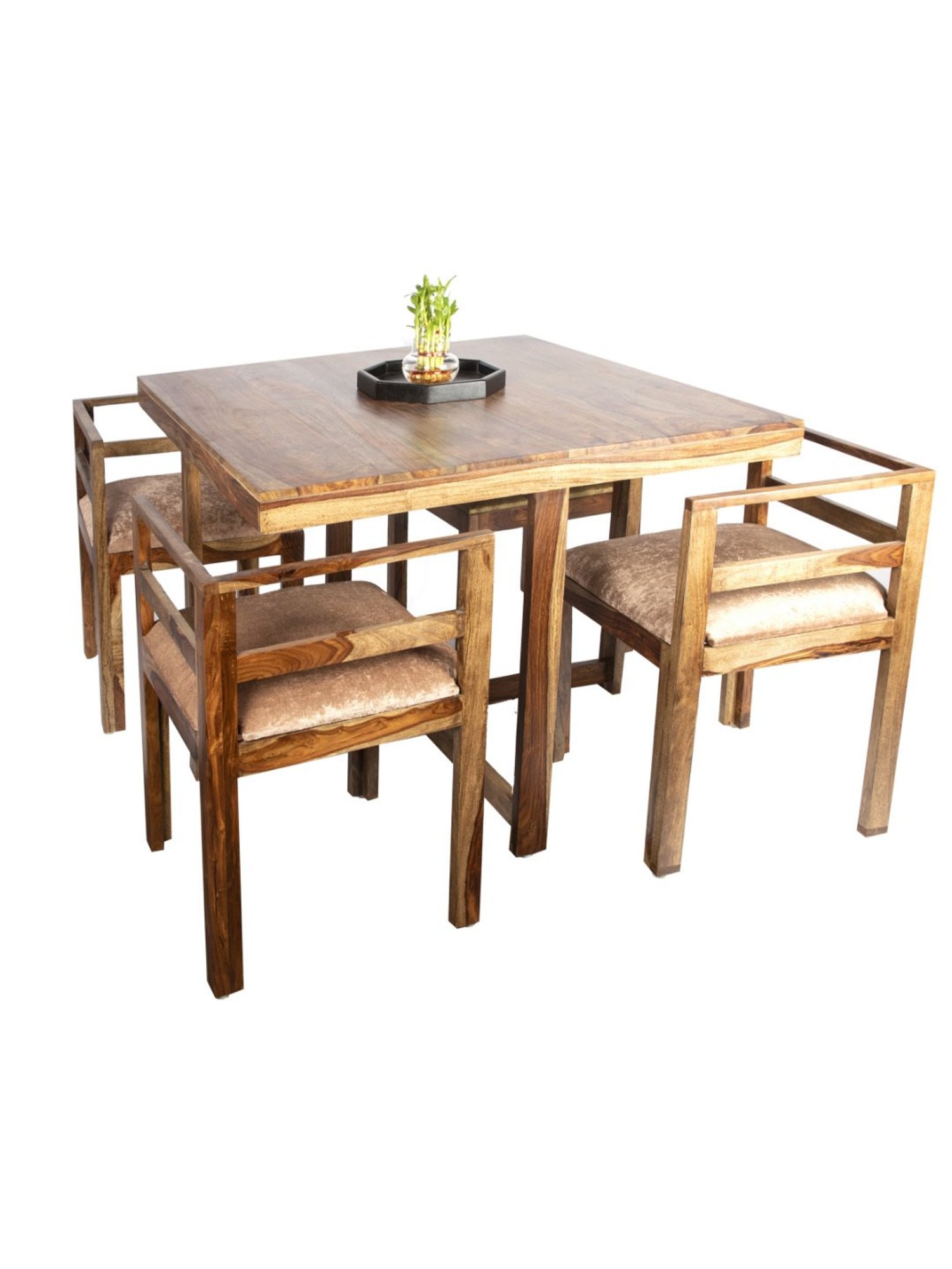 Ikiriya Kingston Solid Brown & Beige Wood 4 Seater Dining Table Set Teak Finish