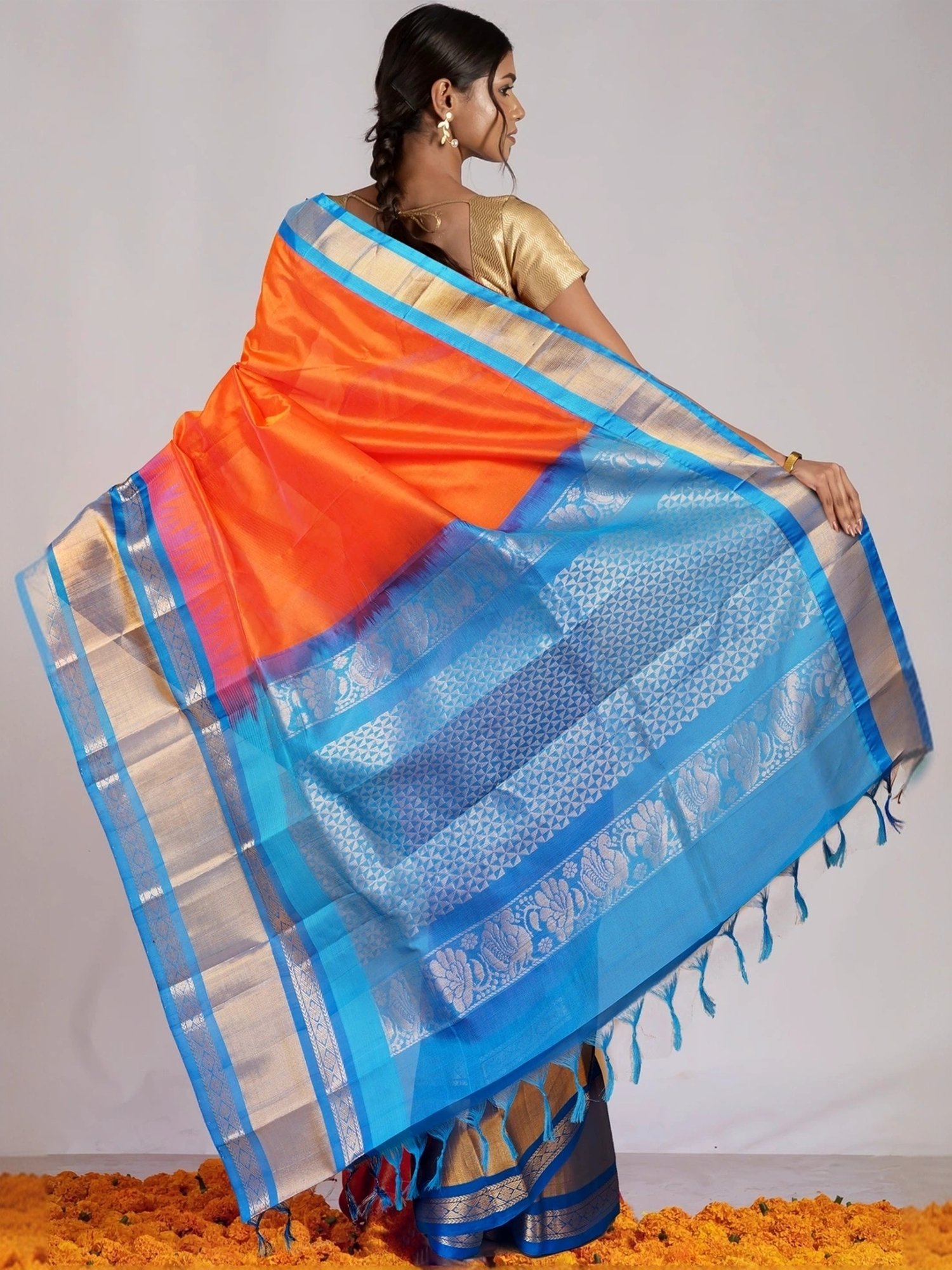 Unnati Silks Orange & Blue Silk Woven Saree With Unstitched Blouse