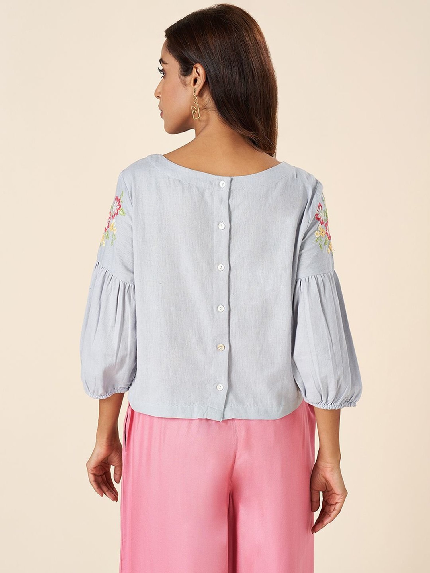 Akkriti by Pantaloons Grey Cotton Embroidered Top