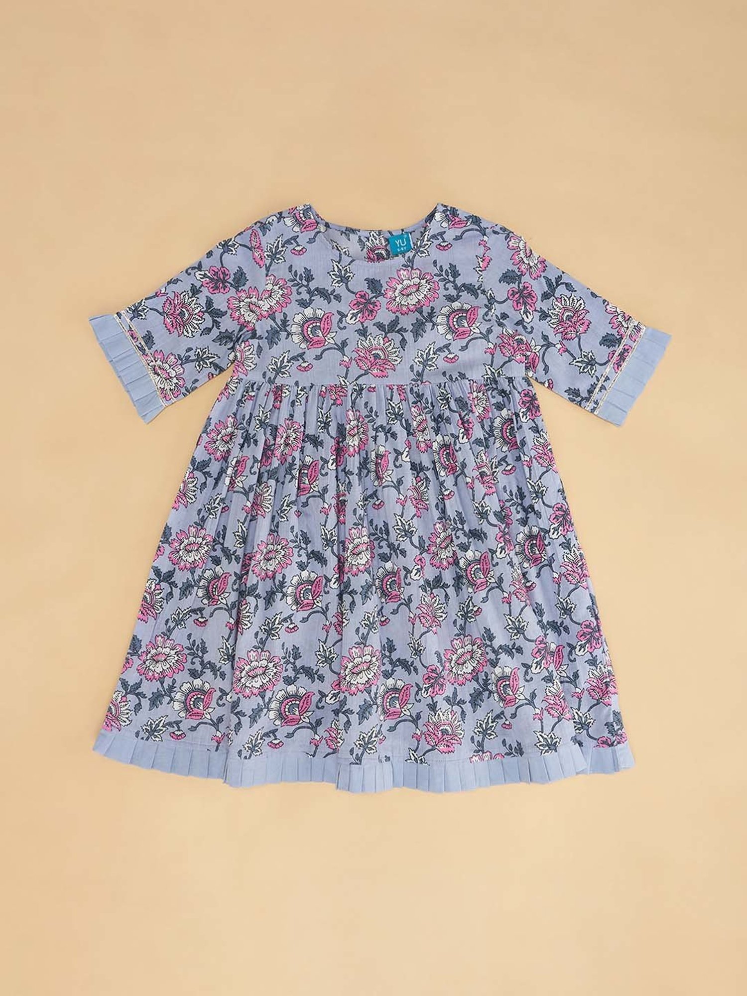 YU by Pantaloons Kids Blue & Pink Cotton Floral Print Dress
