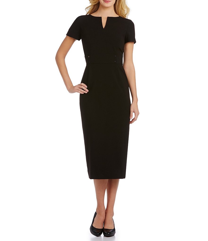 Preston & York Blake Notch V-Neck Midi Length Sheath Dress