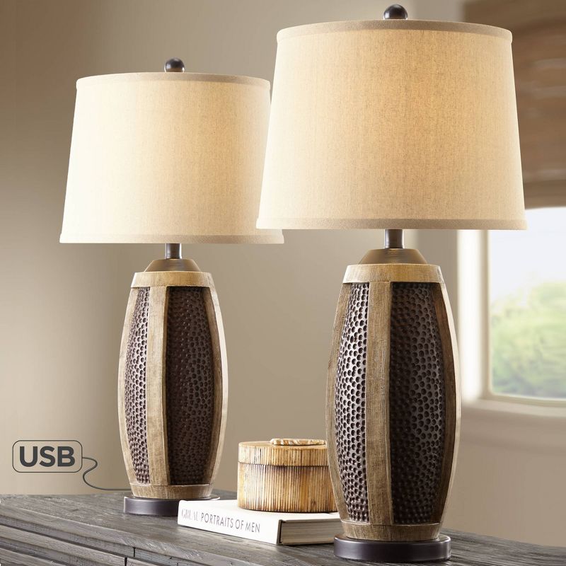 John Timberland Rustic Farmhouse Table Lamps Set of 2 with USB Charging Port Hammered Bronze Wood Oatmeal Tapered Drum Living Room
