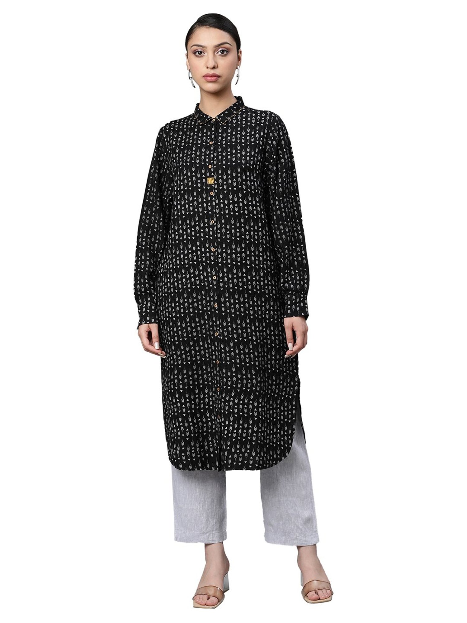 Linen Club Woman Black Printed Straight Kurta