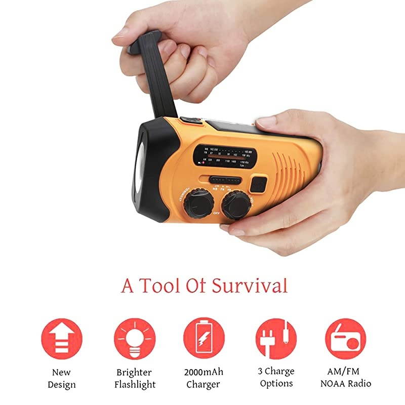 NOAA Weather Hand Crank Emergency AM/FM Radio Solar Charge with Survival Flashlight SOS Alarm Cell Phone Charger 2000mAh USB Power Bank Battery Portable Mini Design for Hiking&ndash;Orange