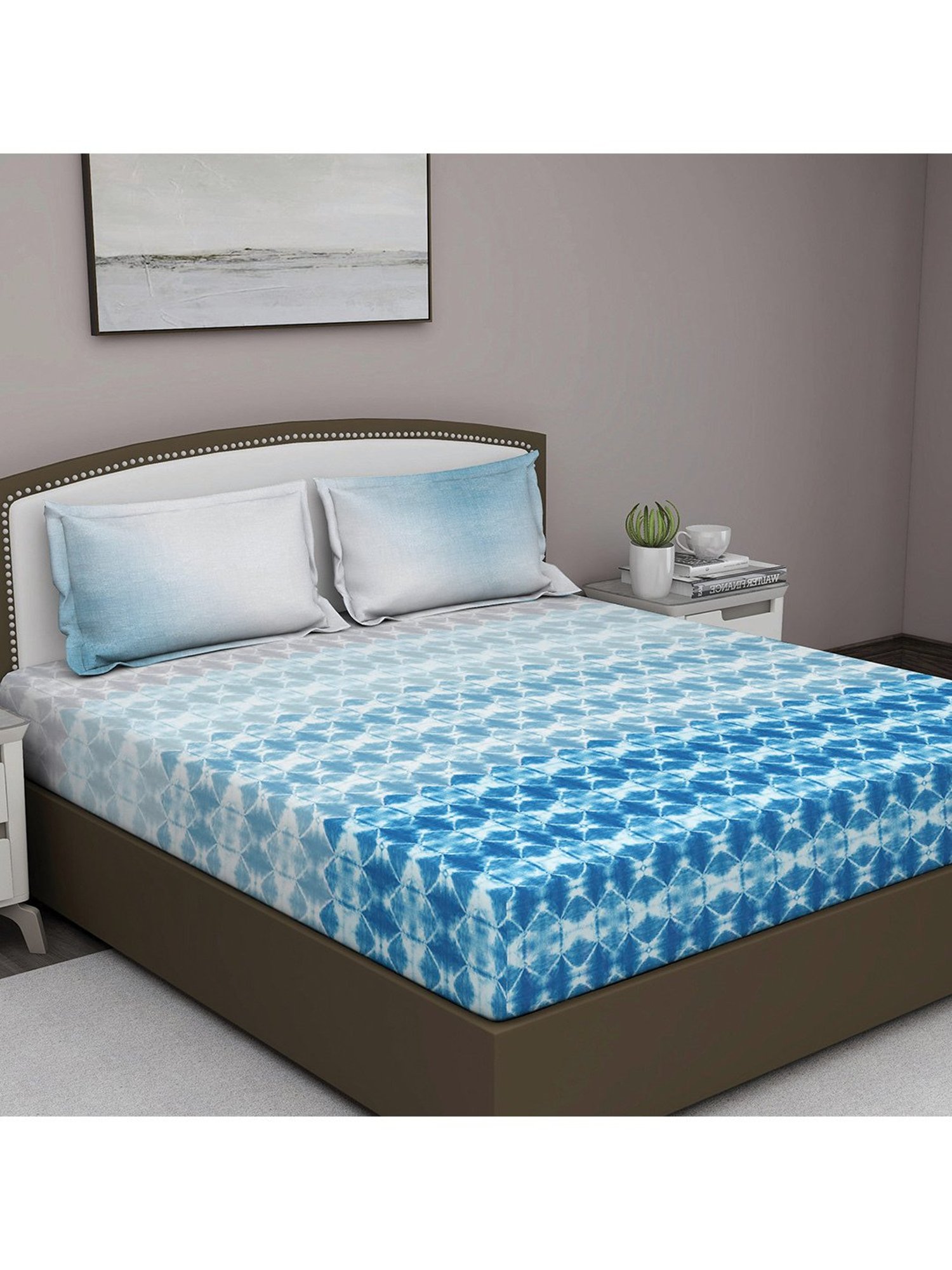 GM 'Serene' Blue Cotton 210 TC Double Bedsheet with 2 Pillow Covers