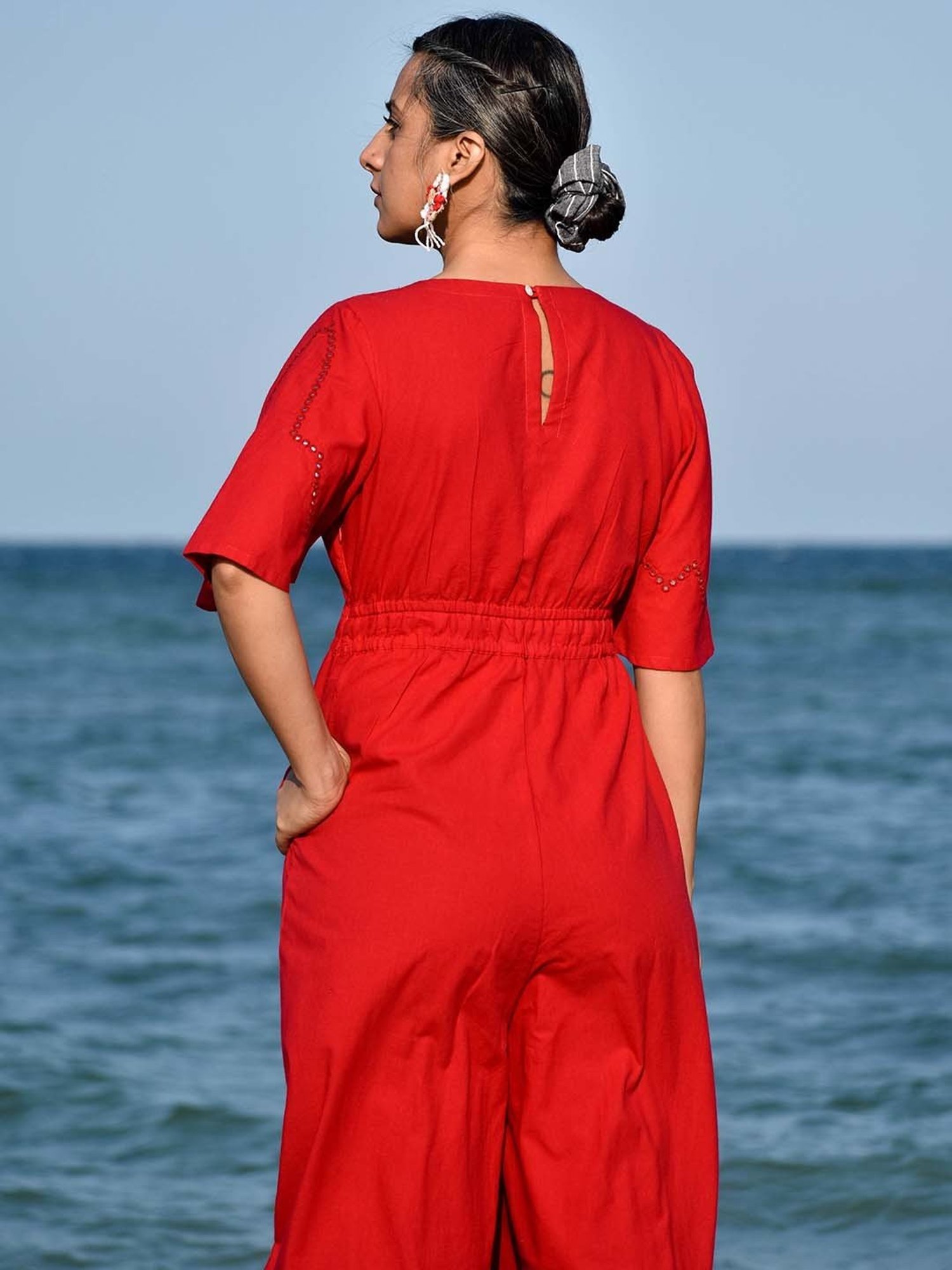 Okhai Pioneer Red Pure Cotton Mirror Work Jumpsuit