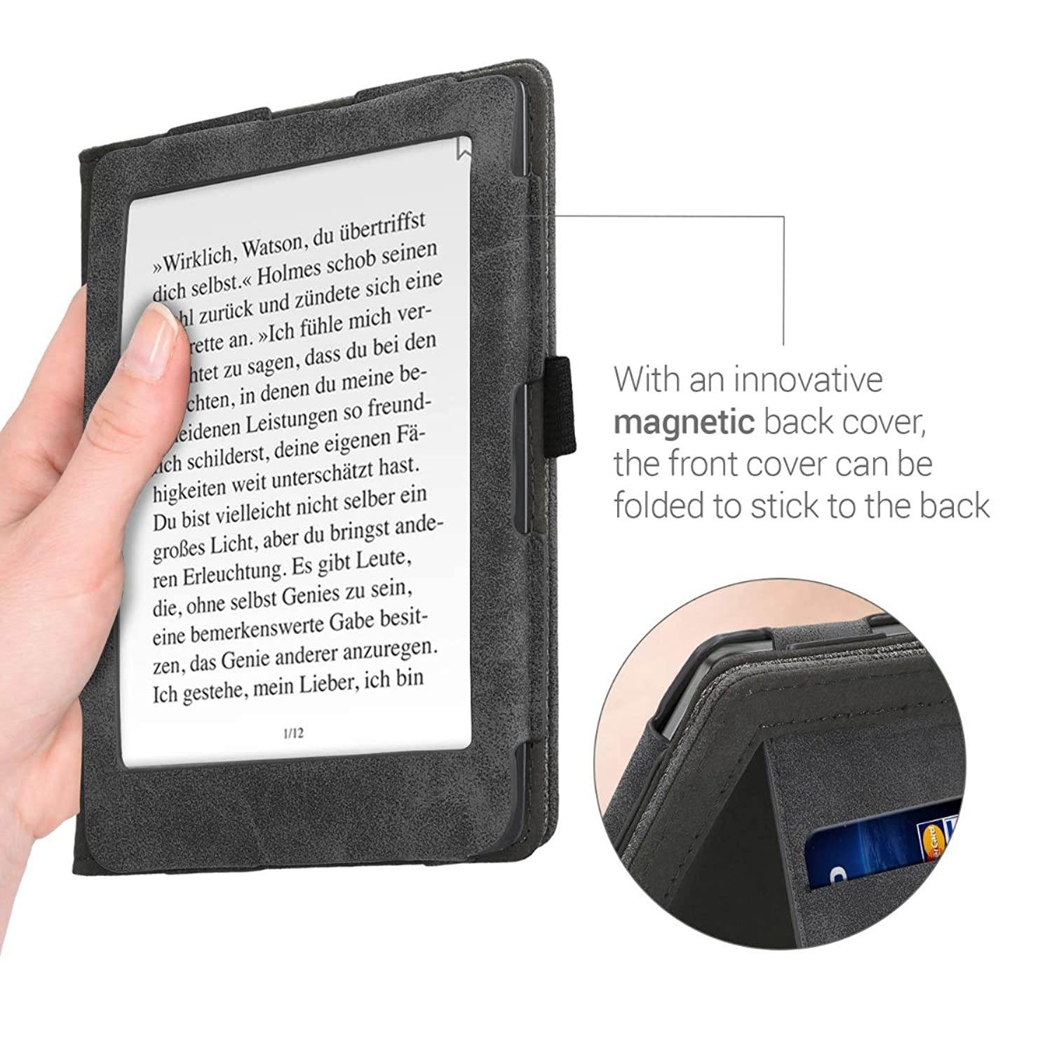 kwmobile Case Compatible with Kobo Clara HD - Canvas Synthetic Suede Cover with Magnetic Closure, Kickstand, Hand Strap, Card Slot - Grey/Black