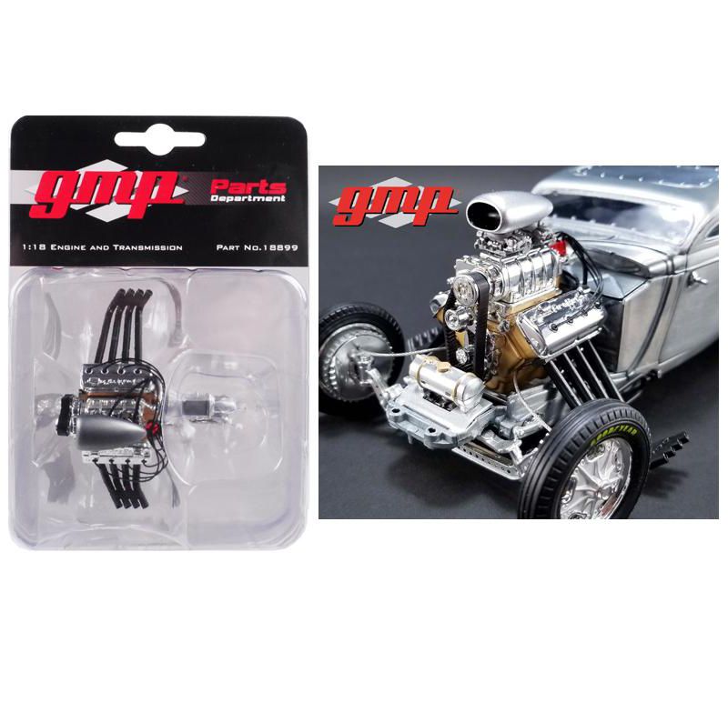 Blown Altered Drag Engine with Zoomie Headers and Transmission Replica from "1934 Blown Altered Coupe" 1/18 Model by GMP
