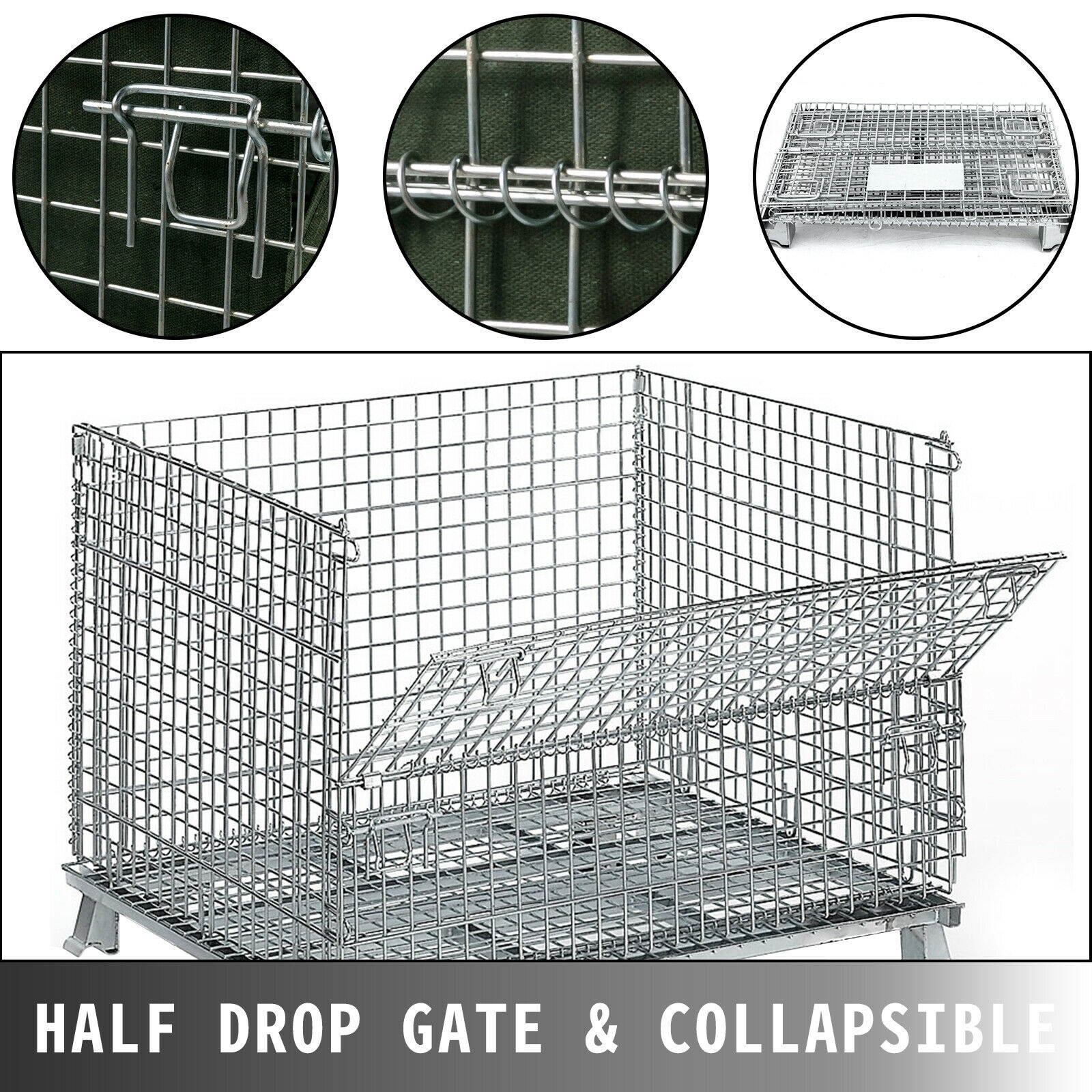 Folding Wire Container 48 x 40 x 35 inch, 1000 Lbs Capacity Wire Mesh 2 x 2 inch
