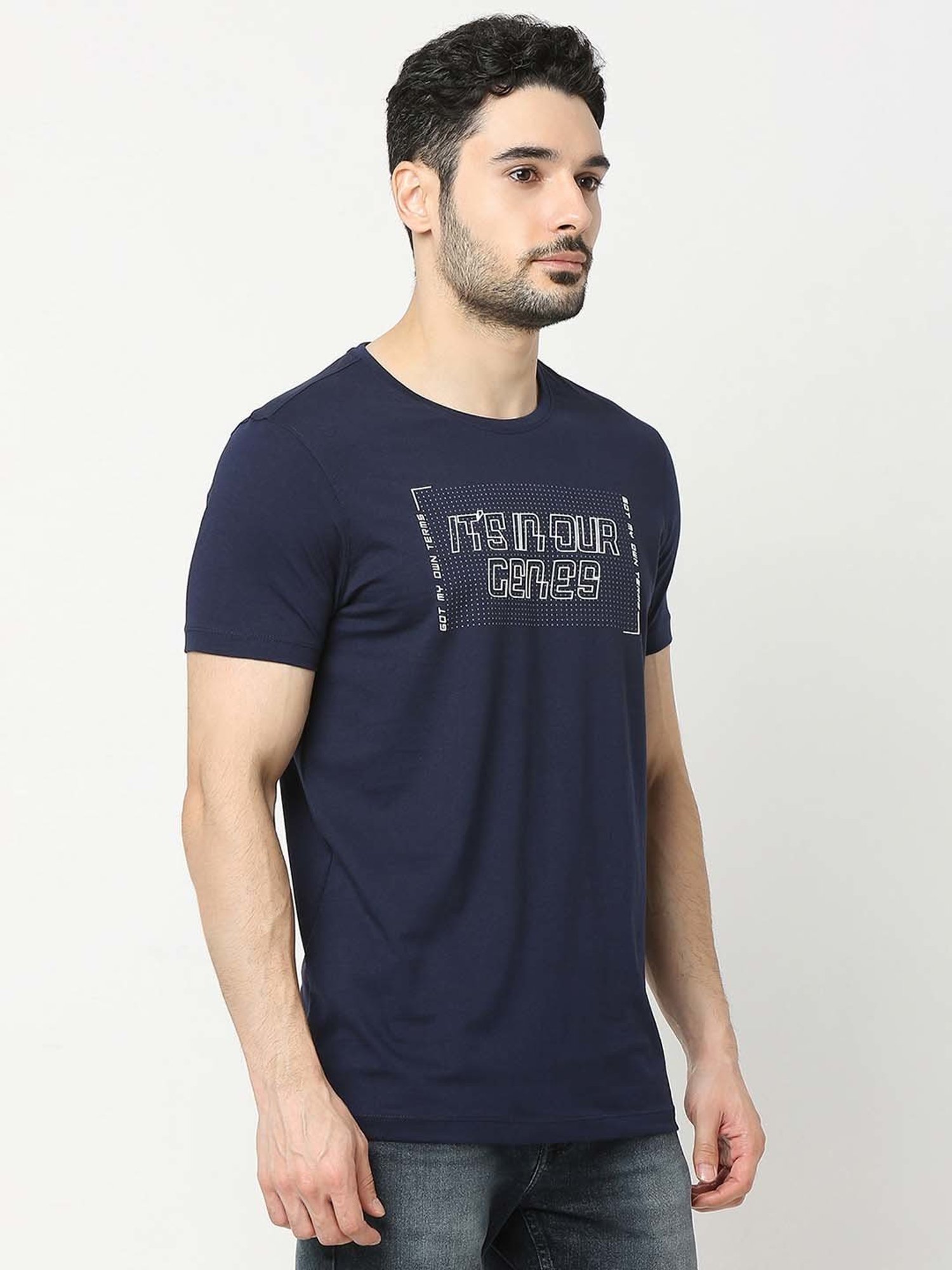 UnderJeans by Spykar Navy Regular Fit Self Design Cotton Crew T-Shirt