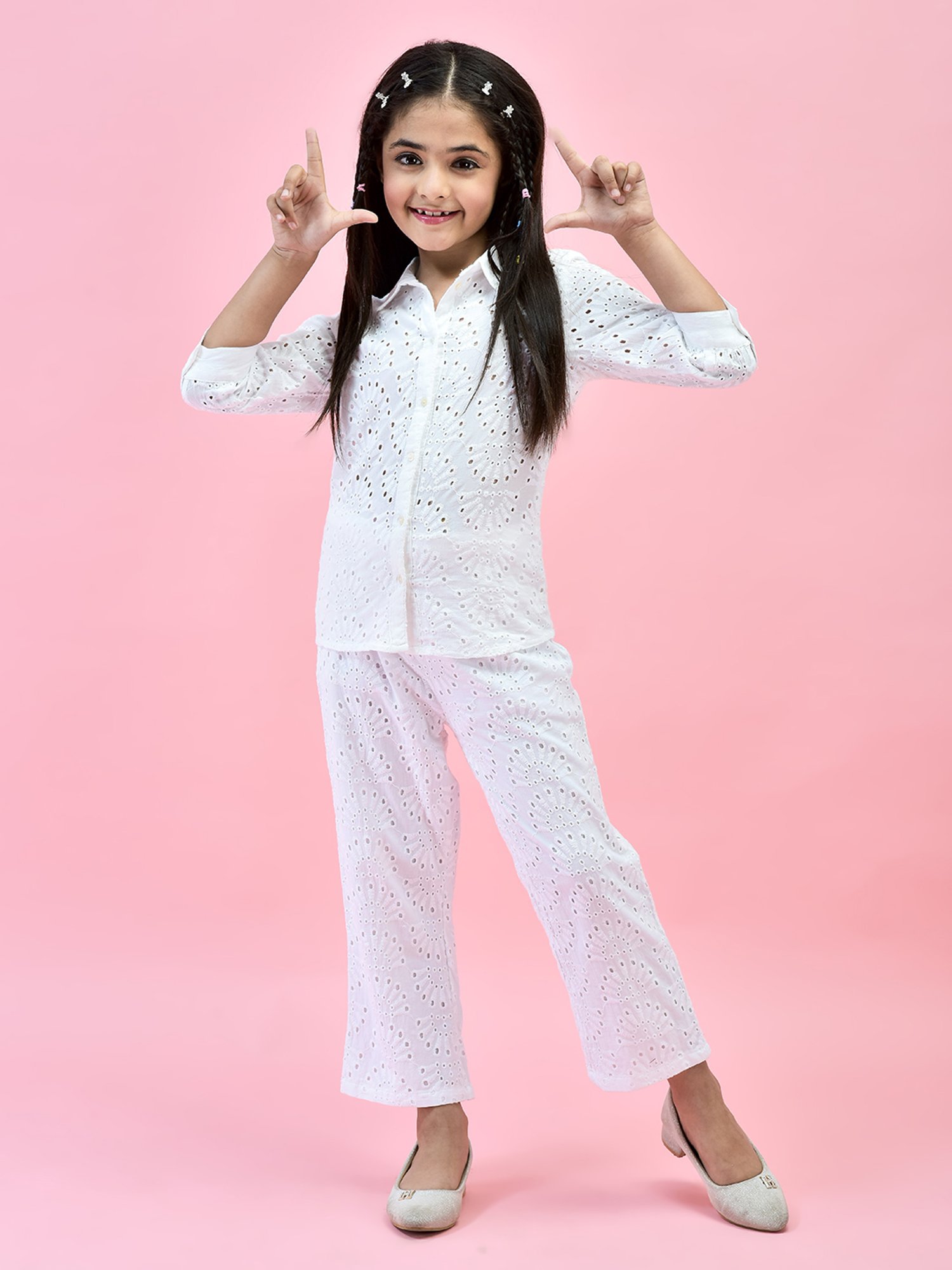 Juniper Girls White Self Design Shirt With Pants