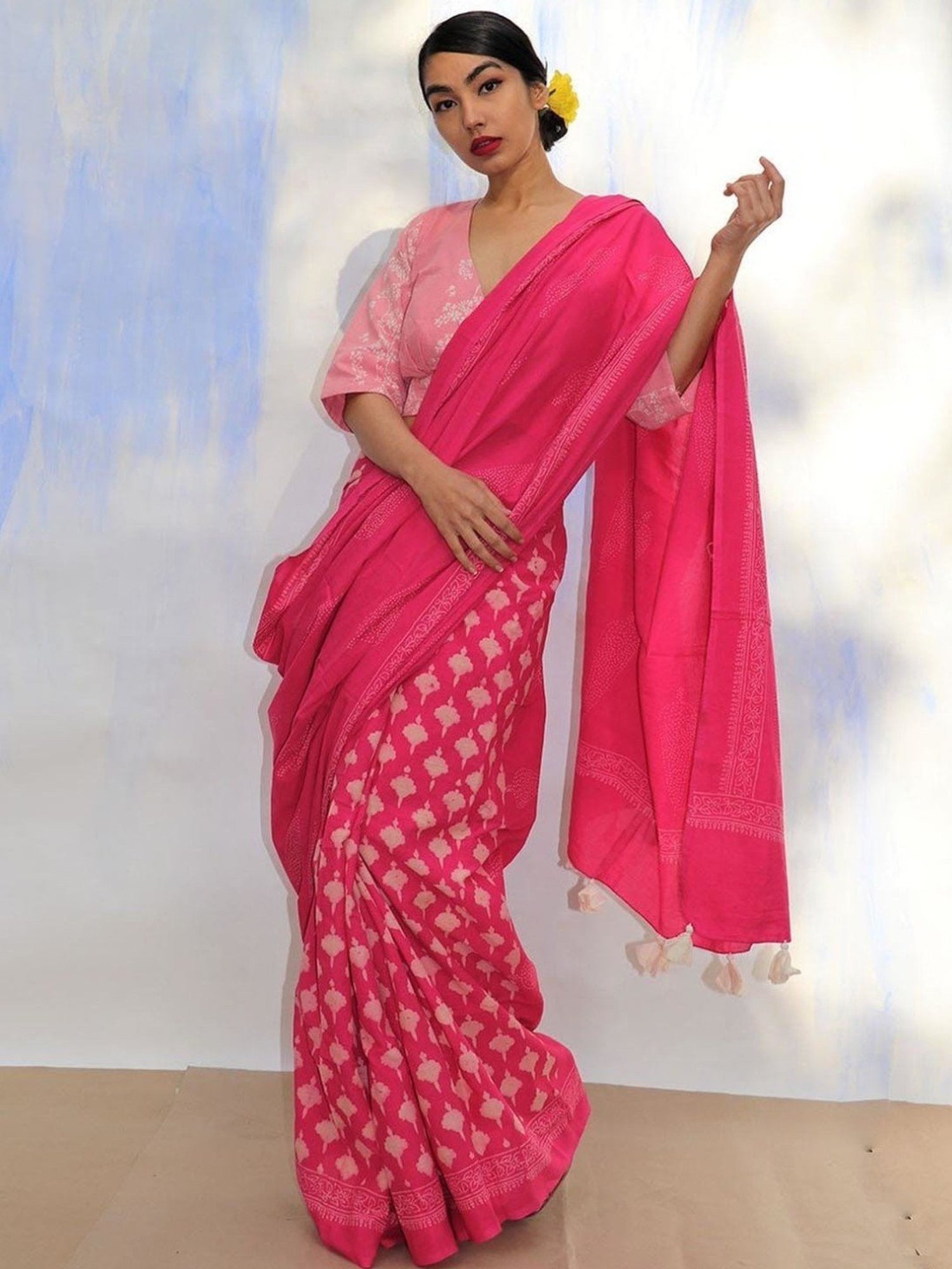 Chidiyaa Rani Jal Handprinted Pure Cotton Saree SKD