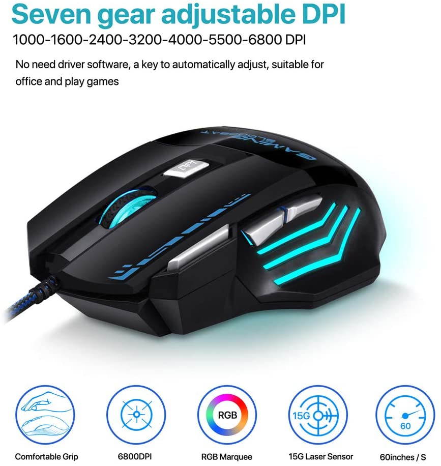 USB Wired Gaming Mouse 6800 DPI 7 Buttons Optical Game Mice with led Backlight Ergonomic for overwatch Game Laptop Computer