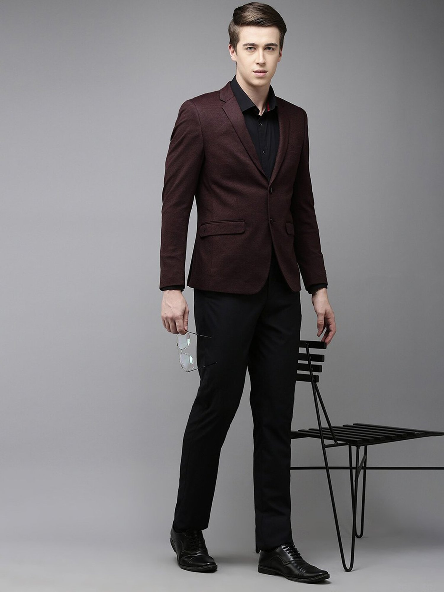 Van Heusen Maroon Slim Fit Check Notch Laple Blazer