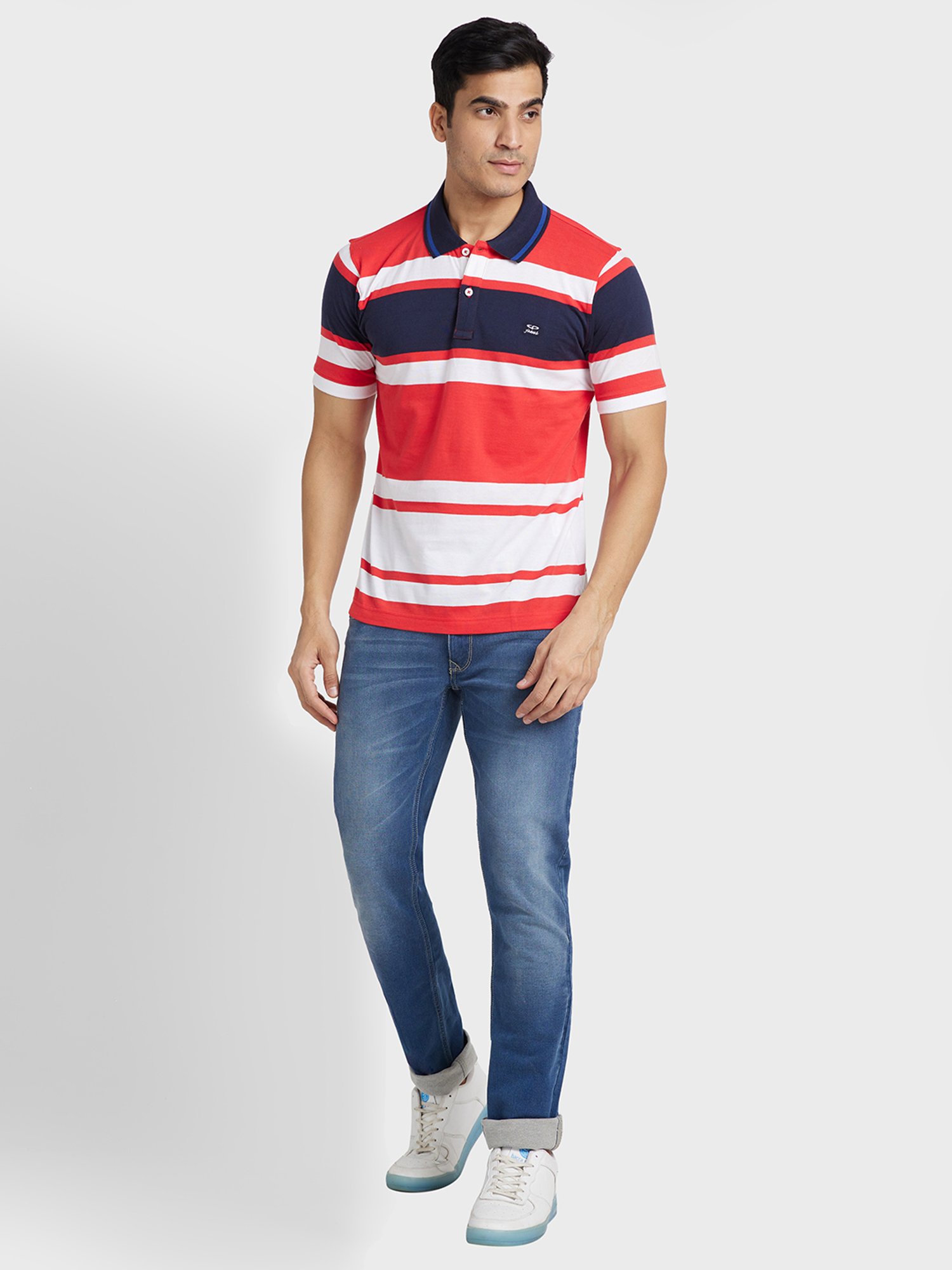 Colorplus Red Cotton Tailored Fit Striped Polo T-Shirt