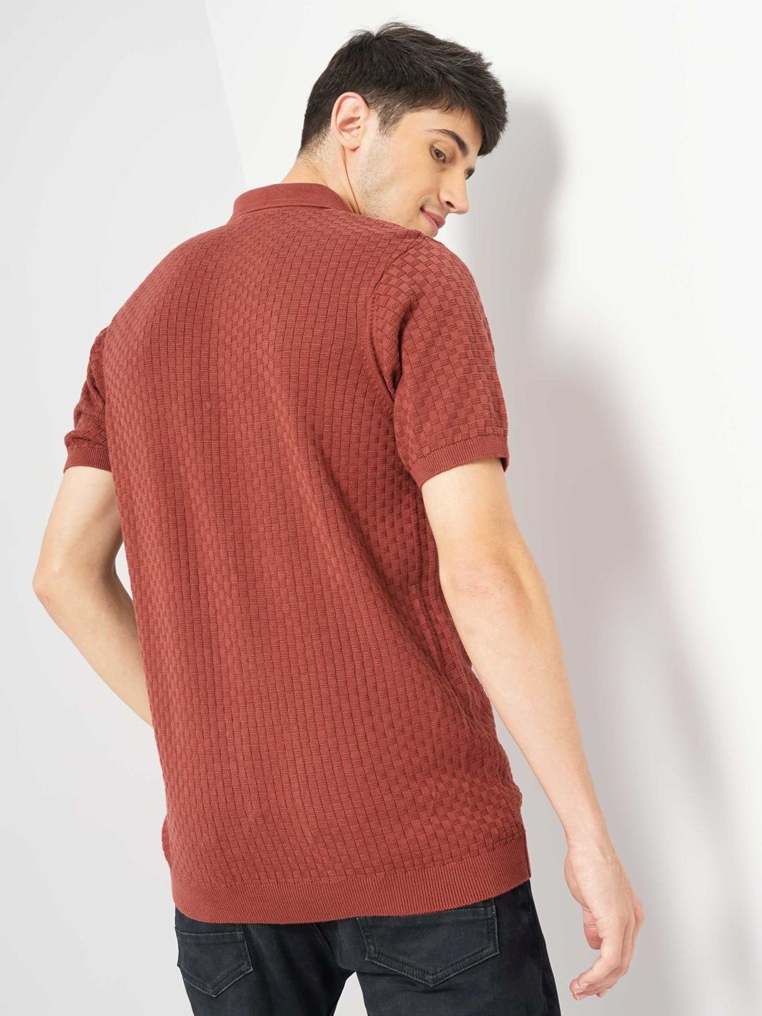 Celio Dk Brown Cotton Regular Fit Striped Polo T-Shirt