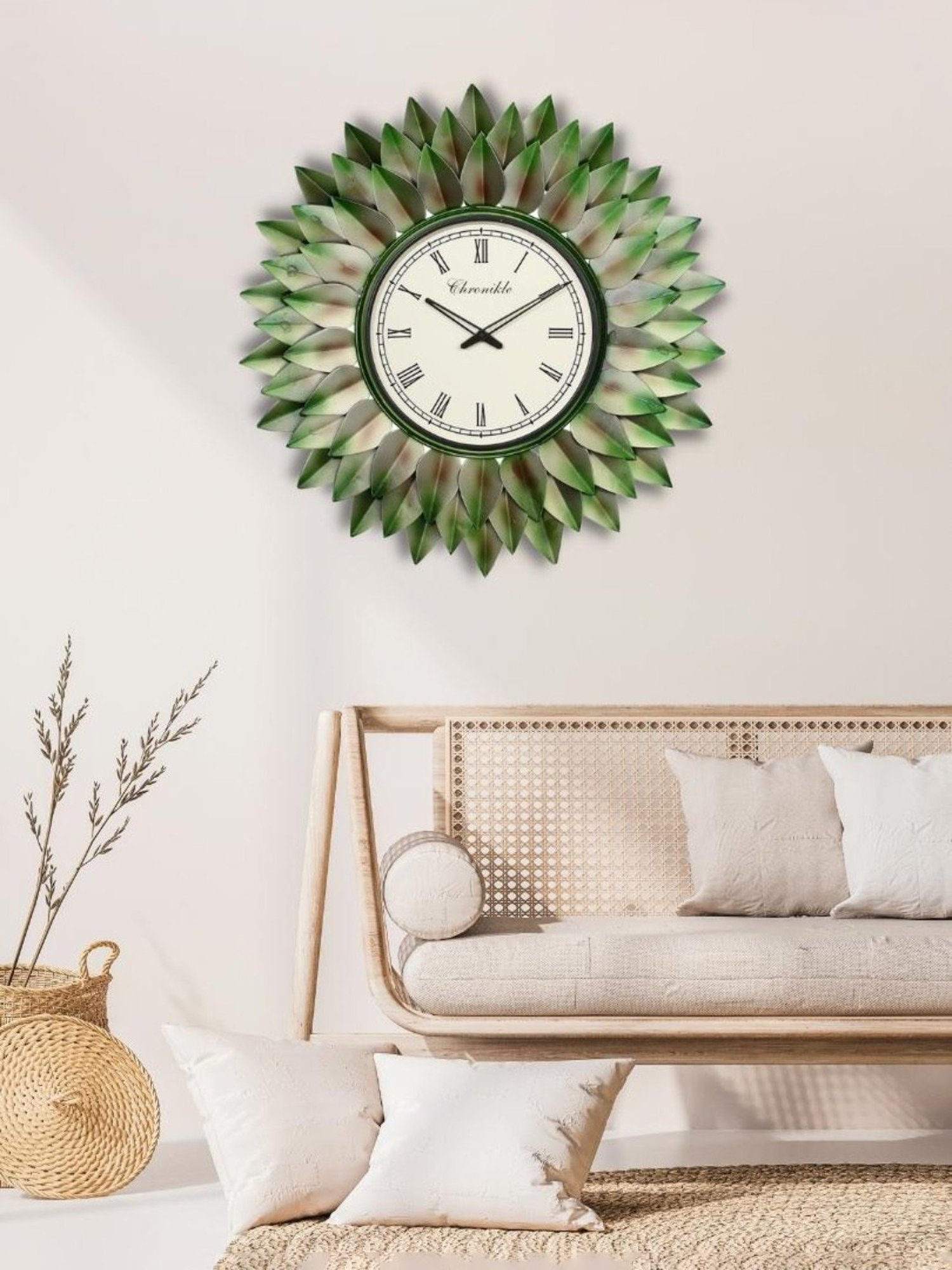 CHRONIKLE Sun Burst Design Green Iron Roman Number Analog Wall Clock