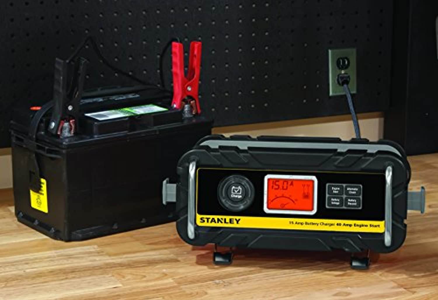 STANLEY BC15BS Fully Automatic 15 Amp 12V Bench Battery Charger/Maintainer with 40A Engine Start, Alternator Check, Cable Clamps (BC15BS)