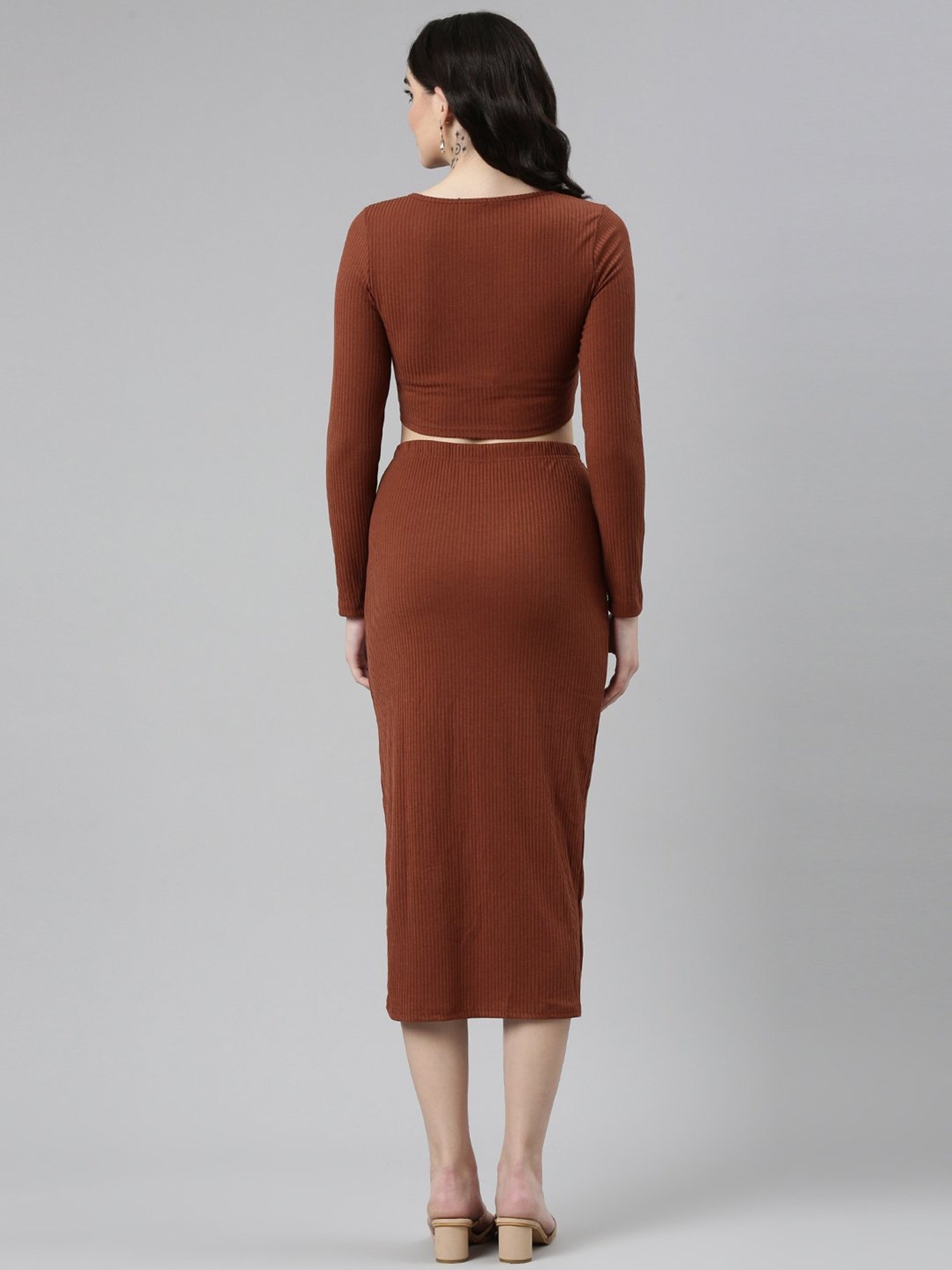 SHOWOFF Brown Acrylic Midi Crop Top With Skirt